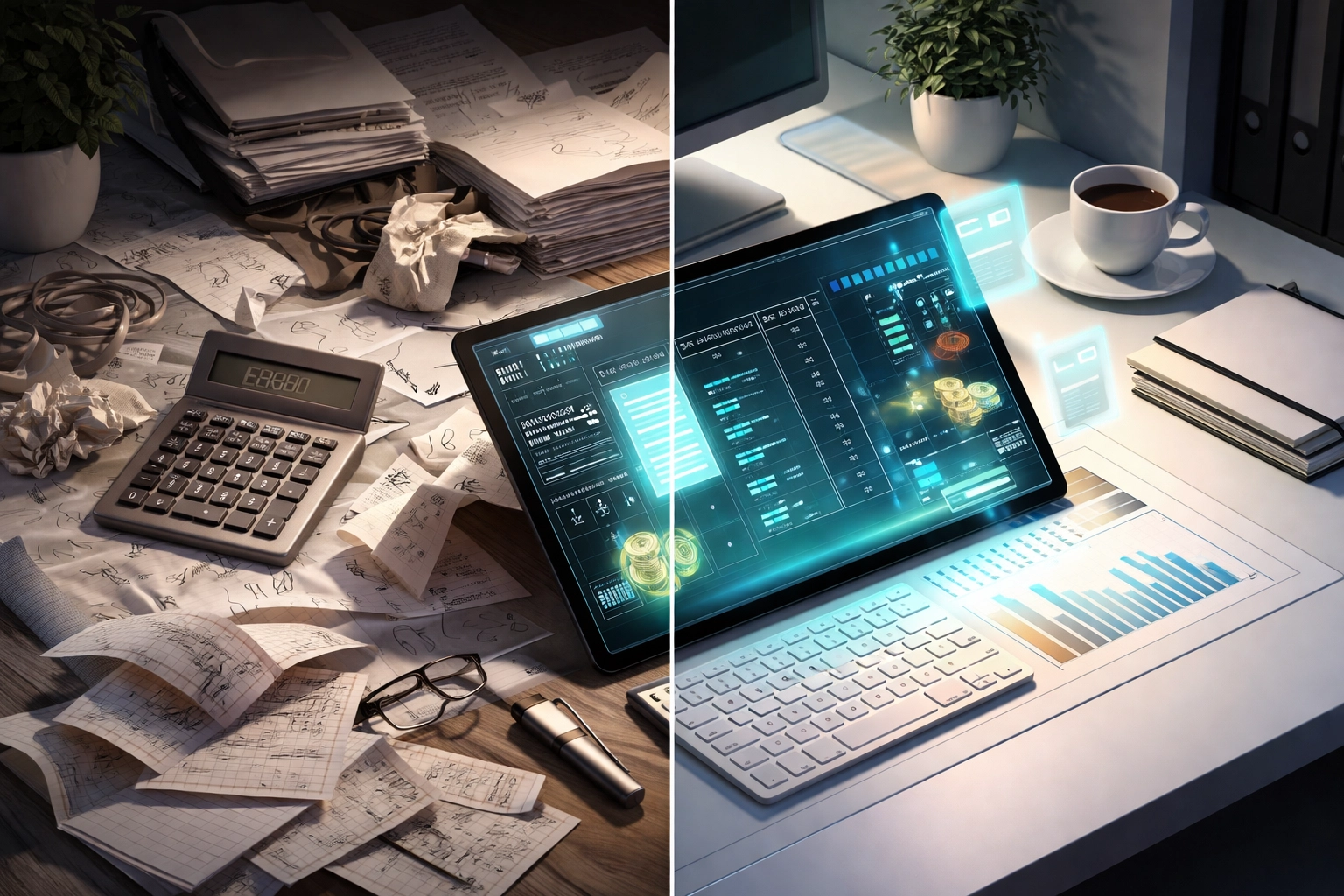 Accountant's desk divided between paper chaos and organized blockchain records, highlighting NFT receipts streamlining crypto bookkeeping.