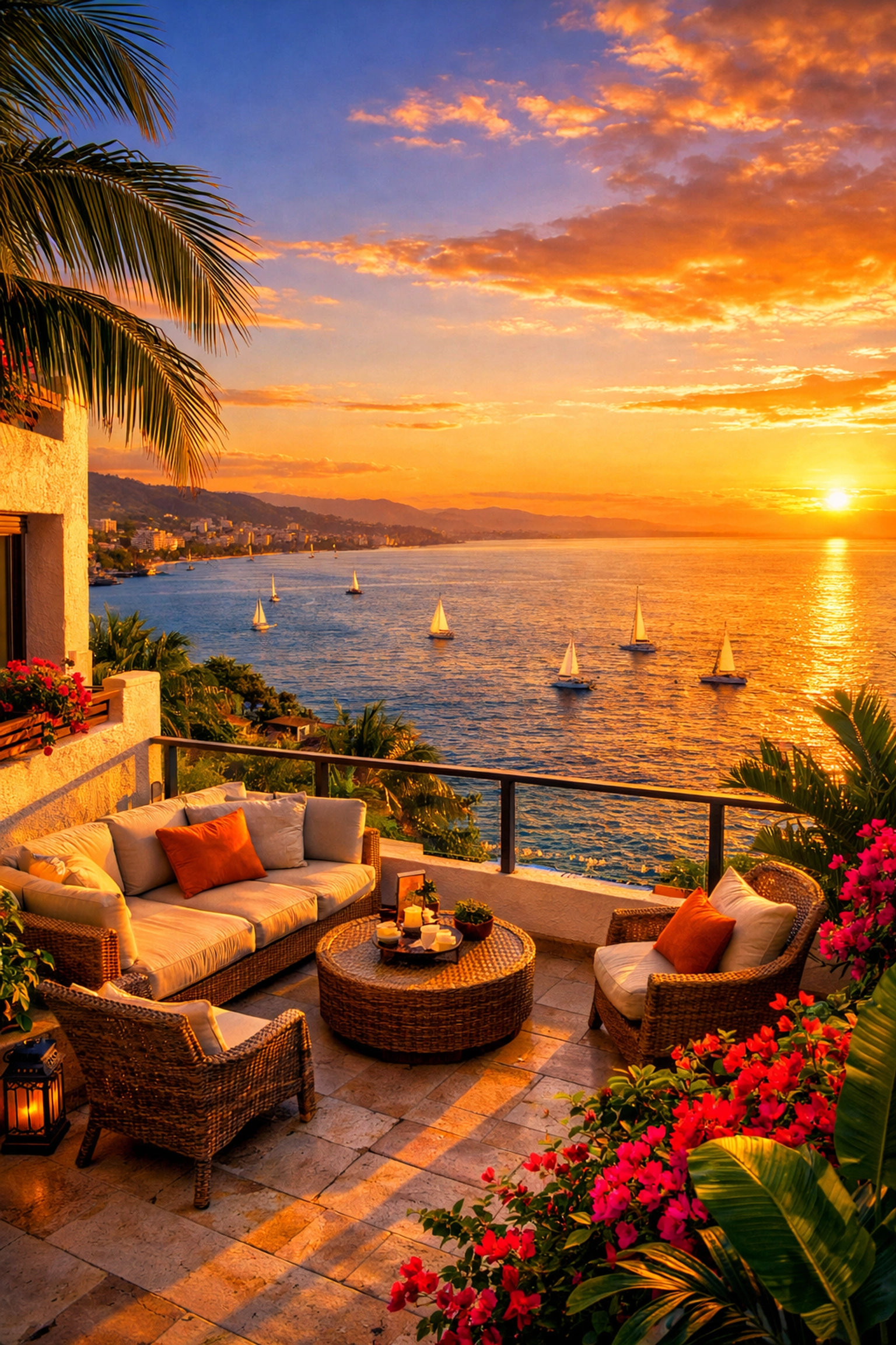 Amapas condo terrace overlooking Banderas Bay at sunset in Puerto Vallarta Mexico