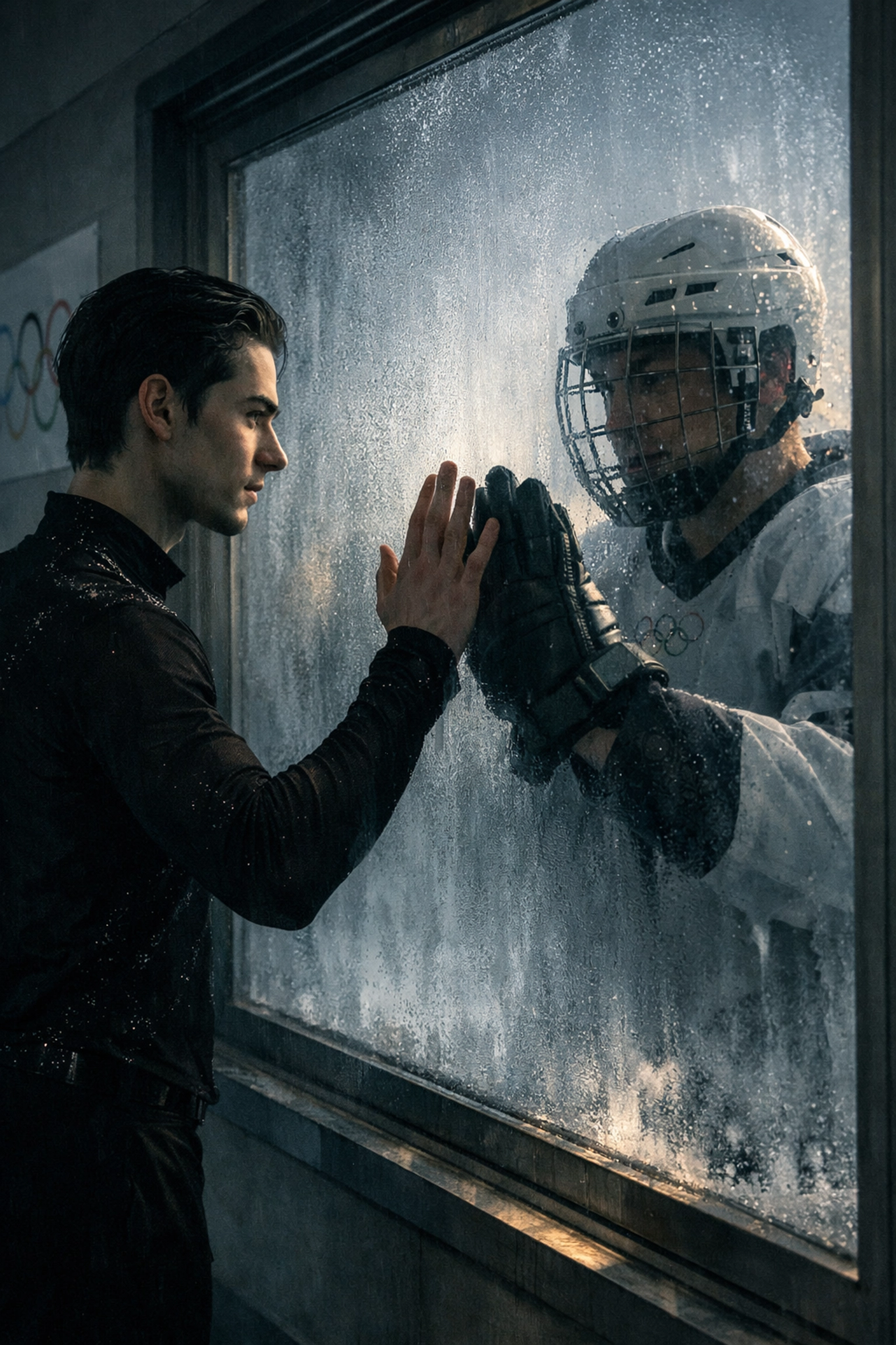 Male winter Olympic athletes separated by frosted window in village, reaching for each other