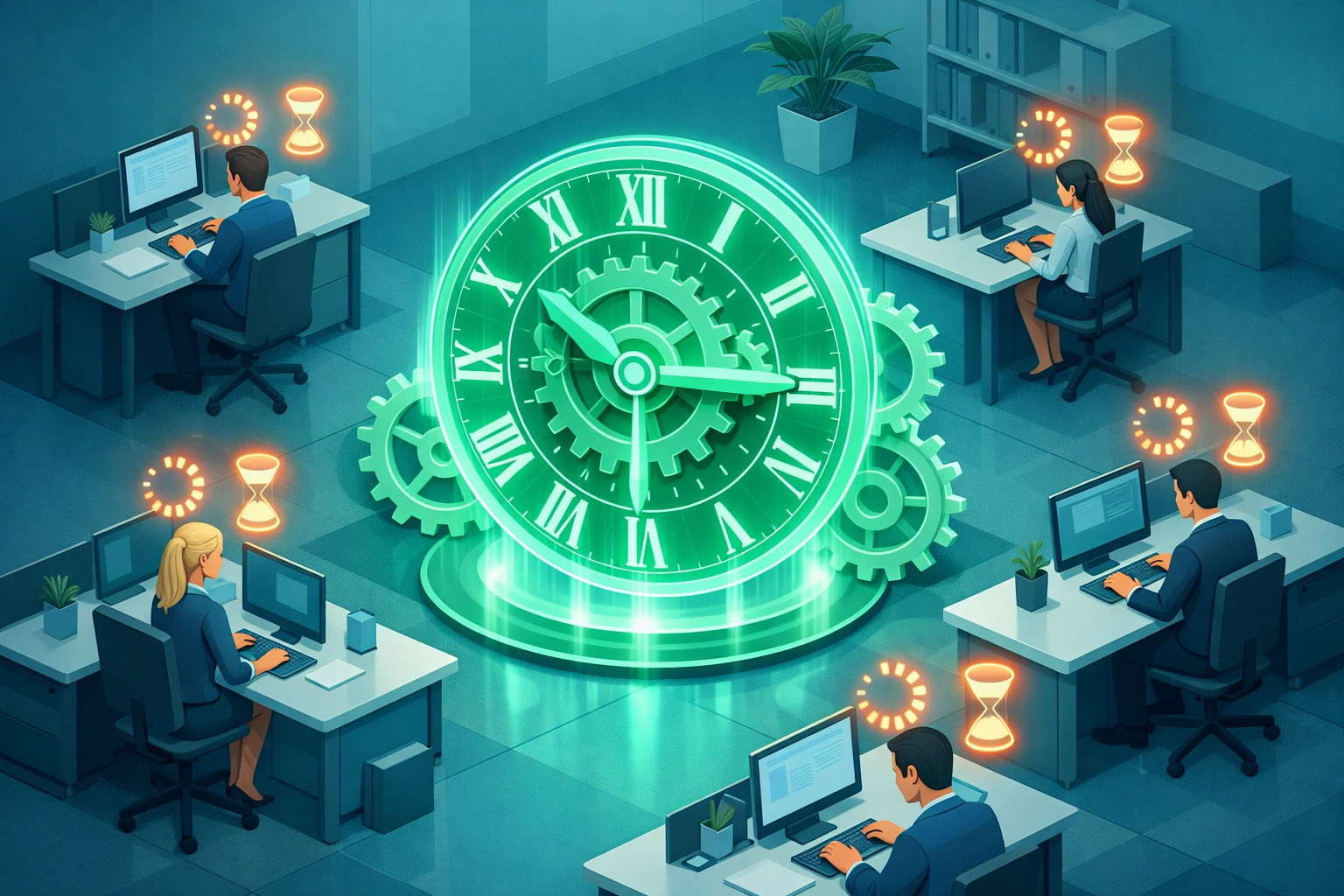 Illustration of business productivity loss from slow computers vs efficient managed IT systems.