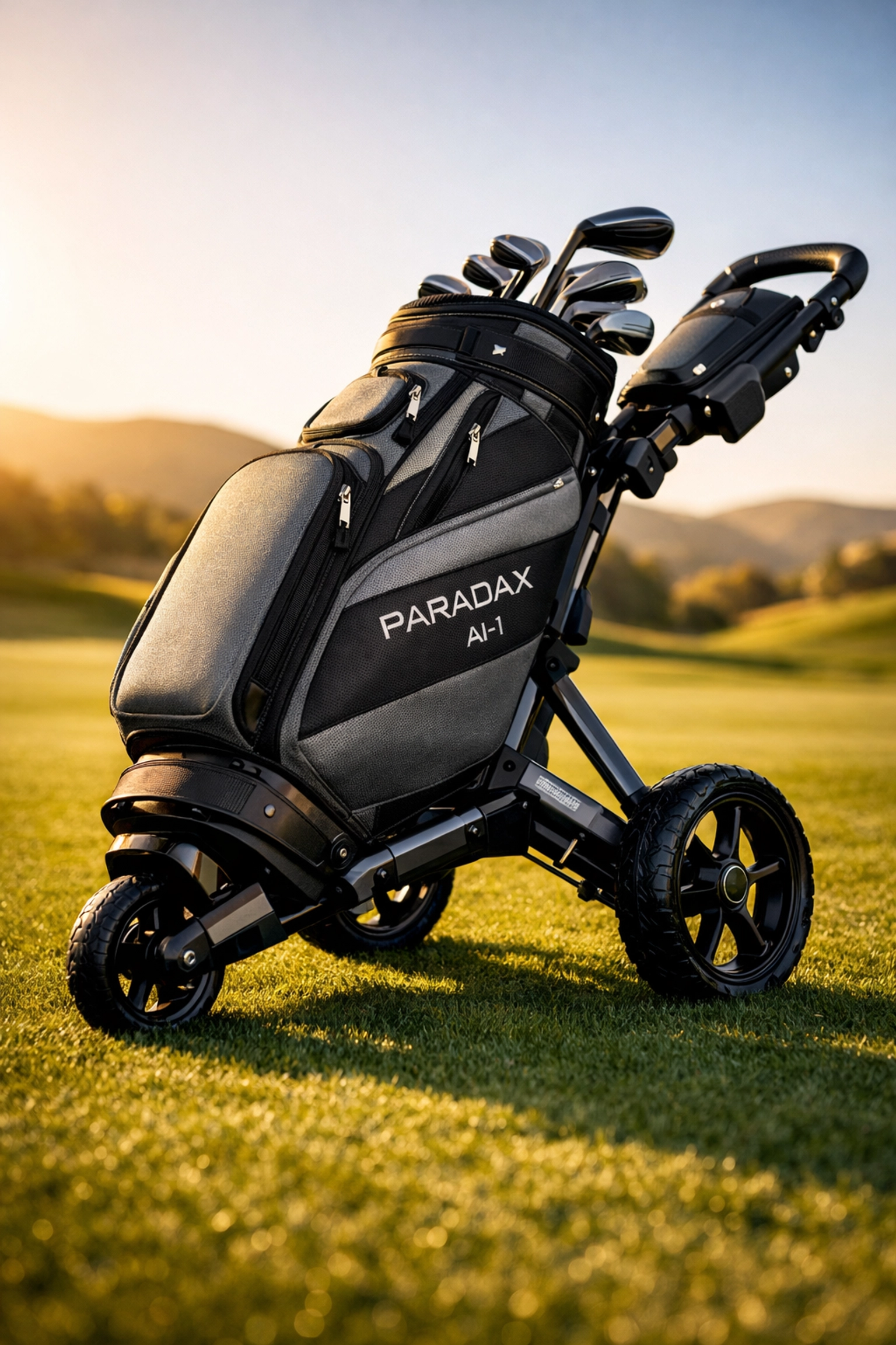 PARADAX AI-1 all-in-one golf bag with integrated 3-wheel push cart for easy walking on the course.
