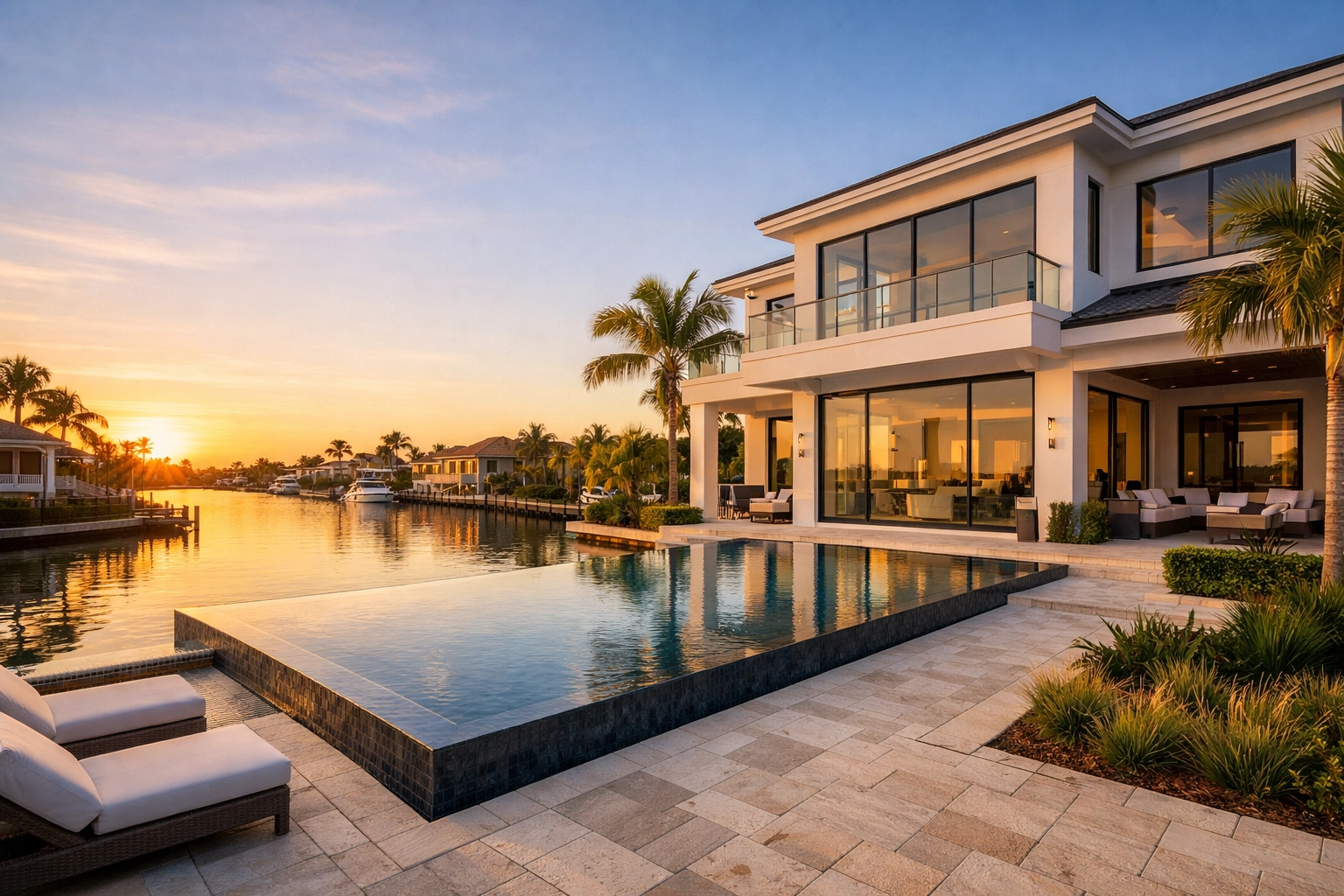 Luxury modern waterfront home in Southwest Florida with contemporary coastal architecture.