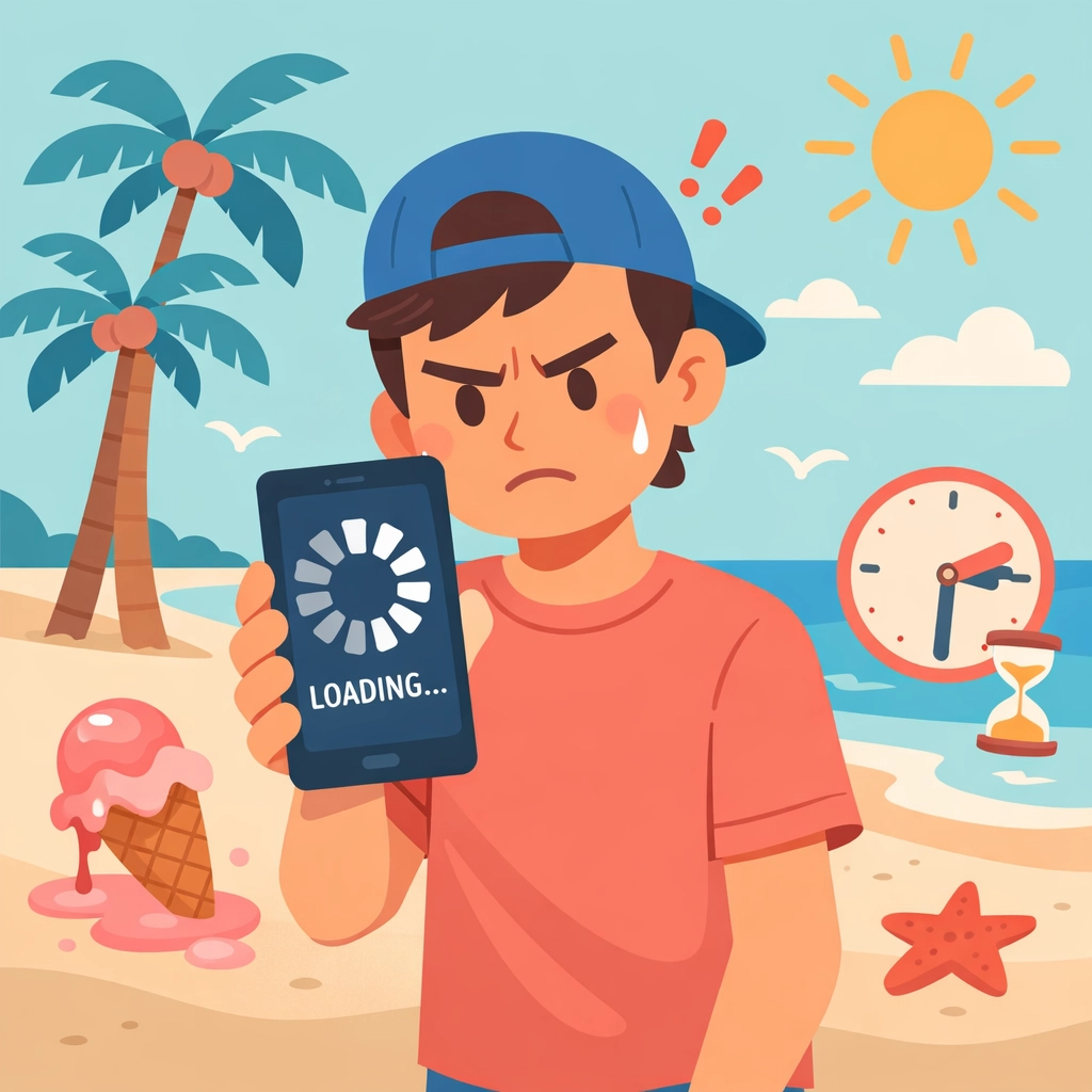 Person frustrated with slow-loading mobile website while on Florida beach with palm trees