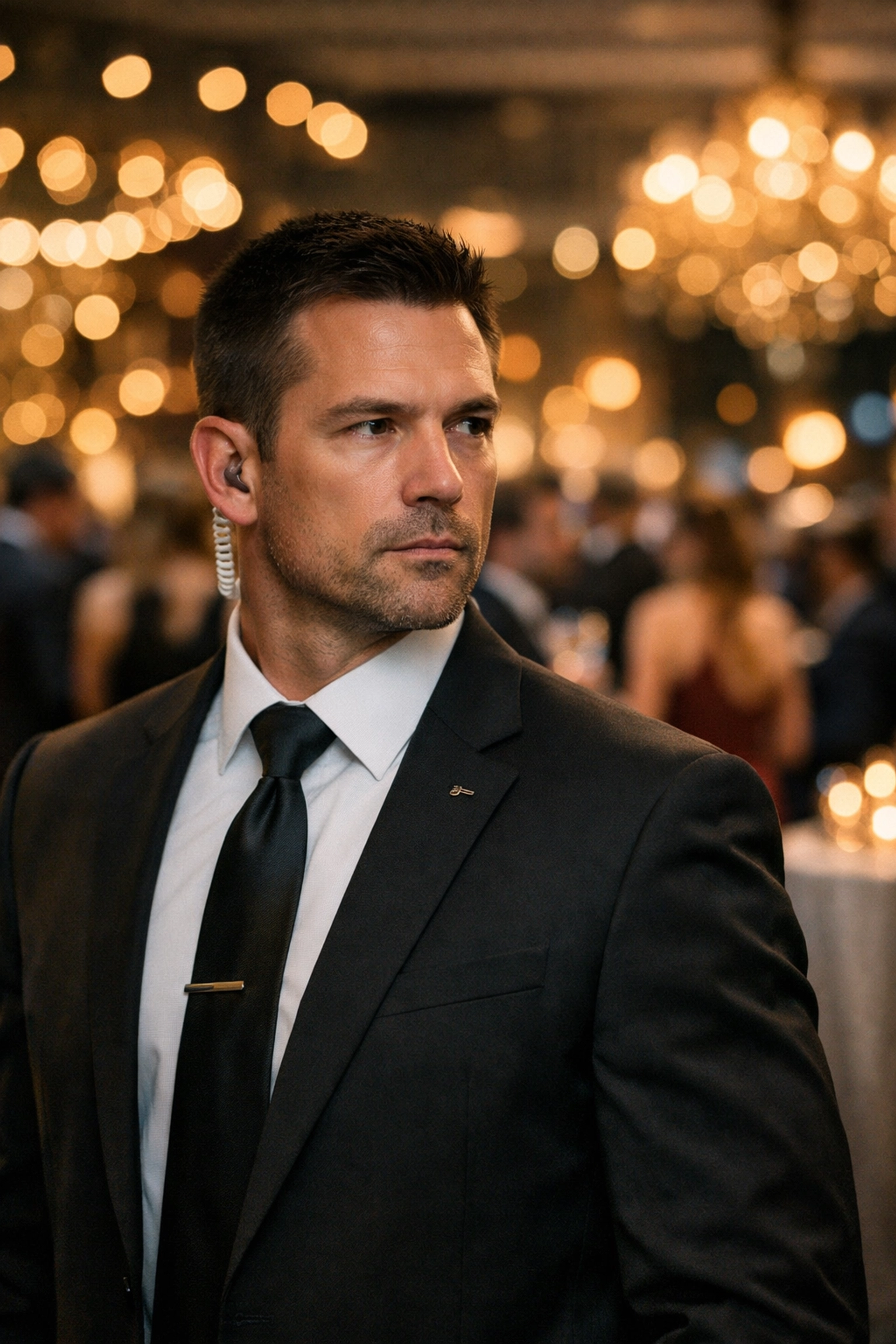 Professional executive protection specialist providing security at a high-end corporate event.