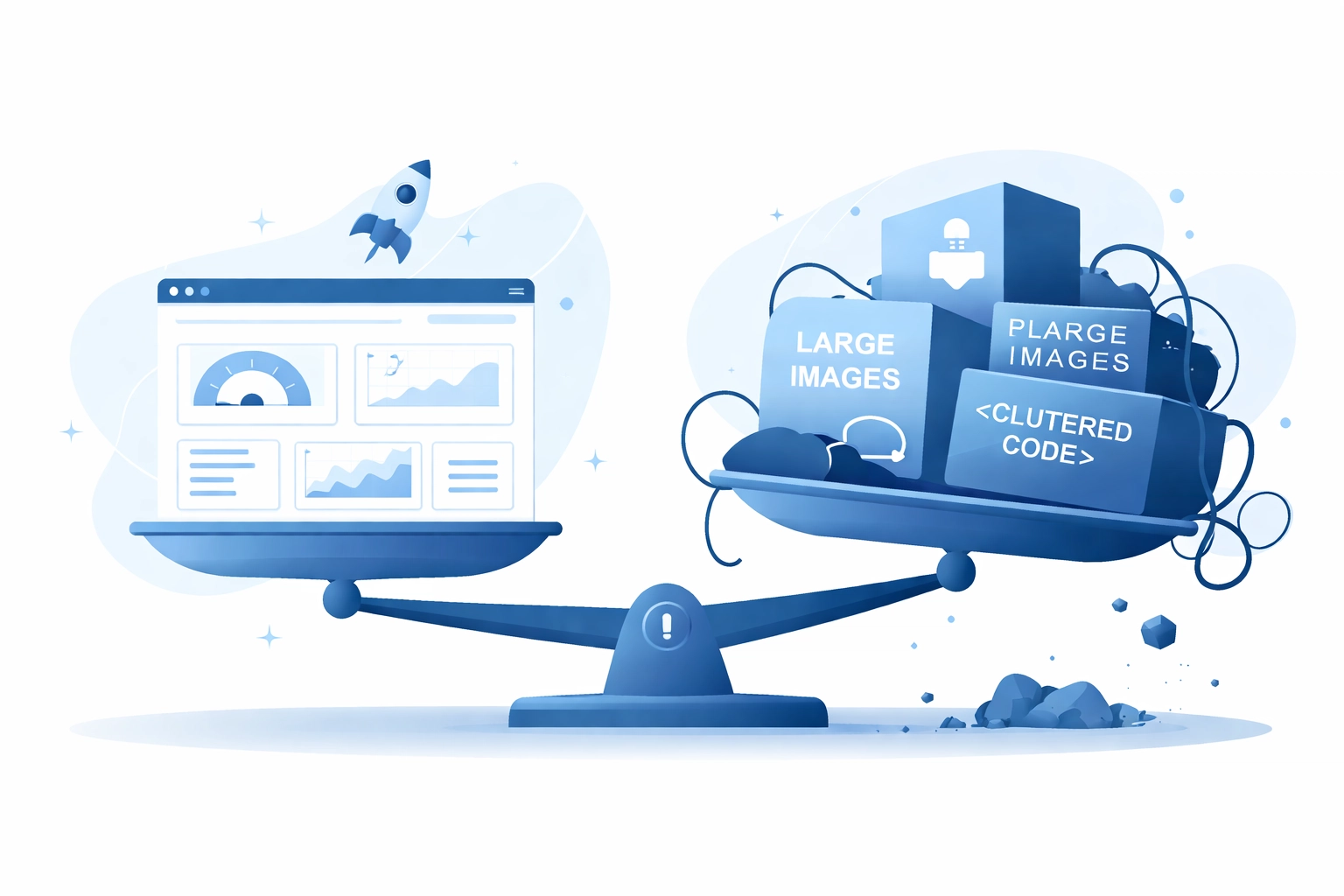 Visual comparison of fast and slow websites, illustrating how bloated sites with too many plugins or images can reduce performance