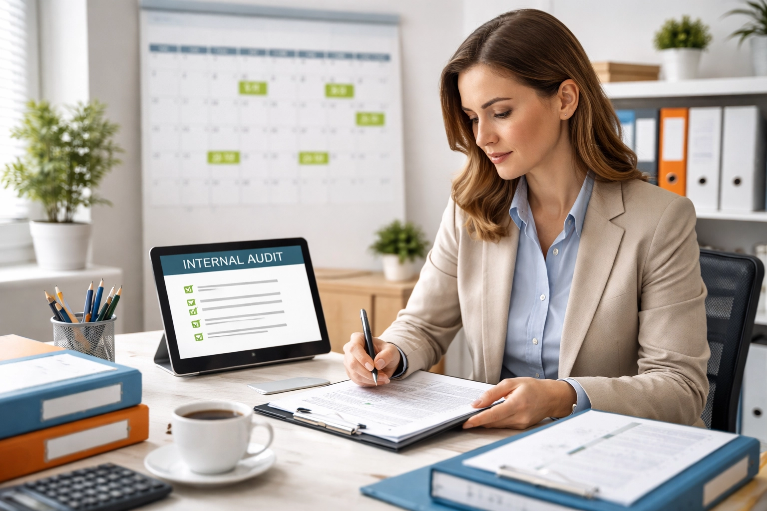 Professional conducting an ISO 9001 internal audit with documents and checklist in organized office