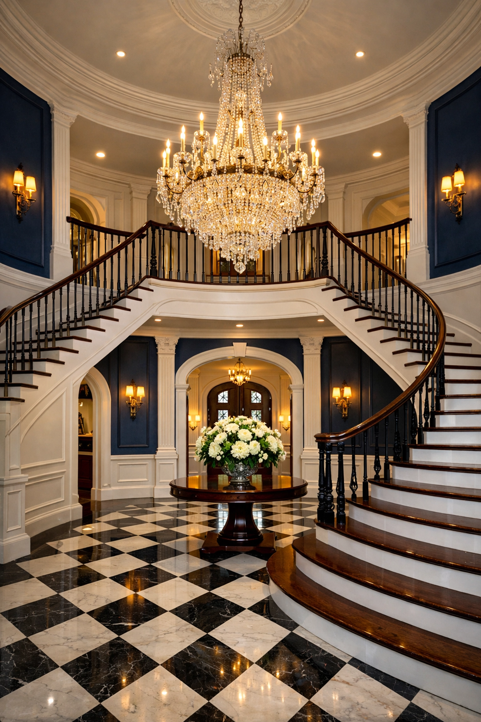 Grand foyer in a Winchester estate with a polished marble floor and elegant white staircase.