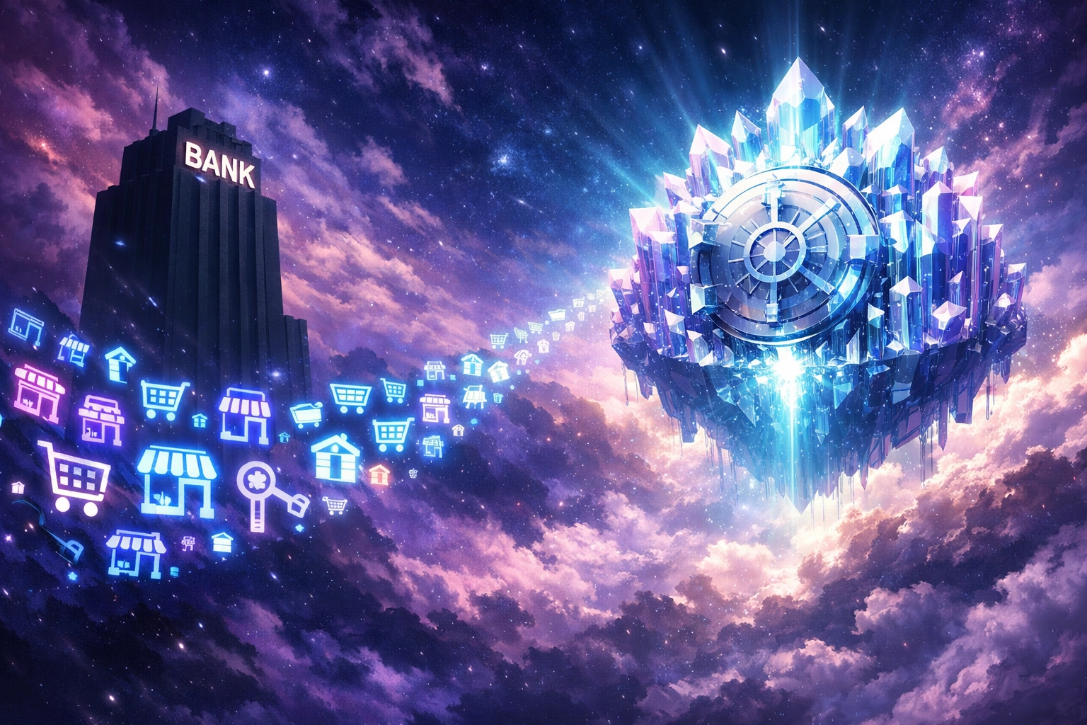 Business icons migrating to a secure vault representing the merchant switch to self-custody crypto payment accounts.