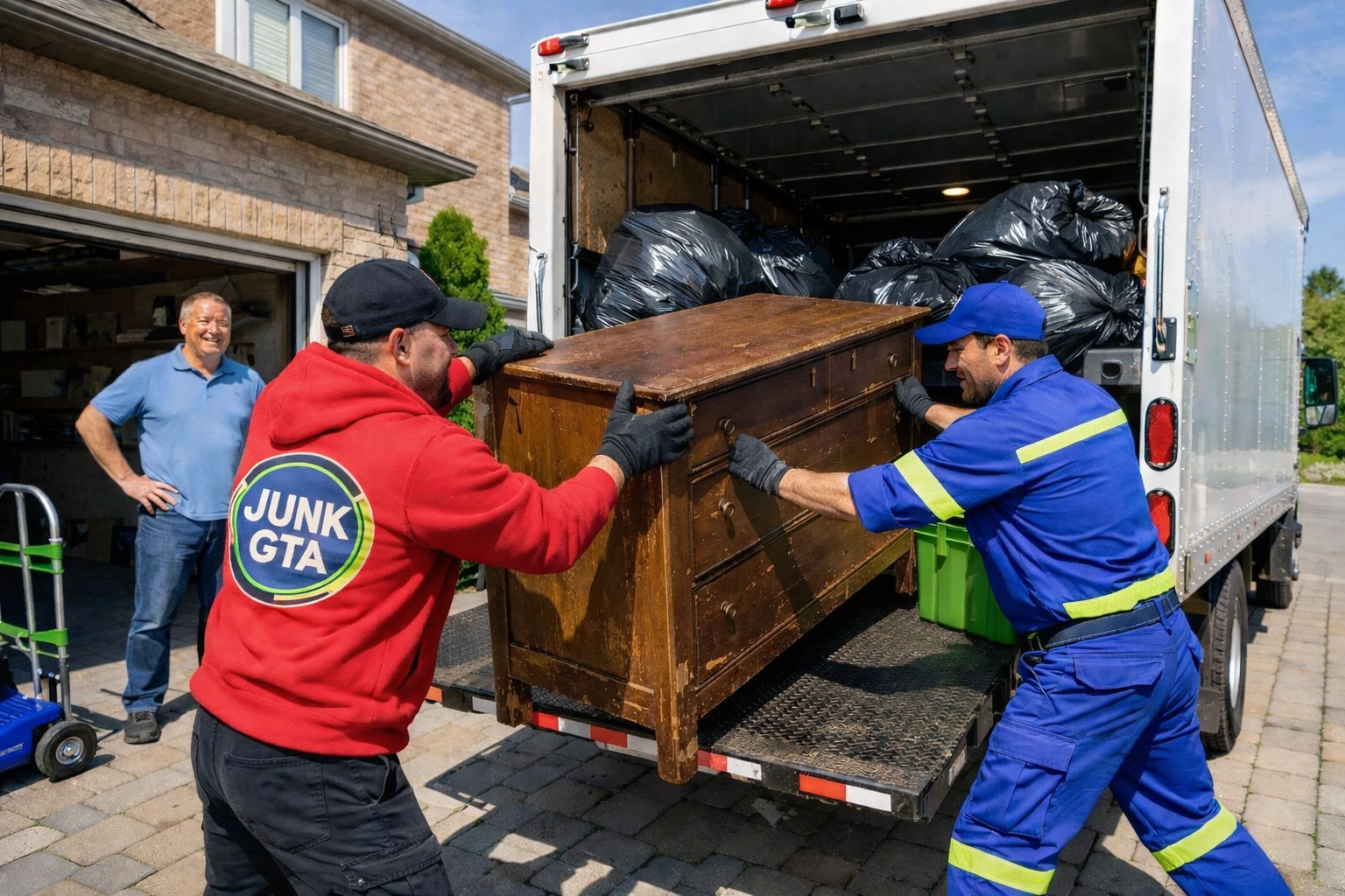 Junk GTA crew providing same day junk removal in Toronto, loading furniture into a truck for a relieved homeowner.