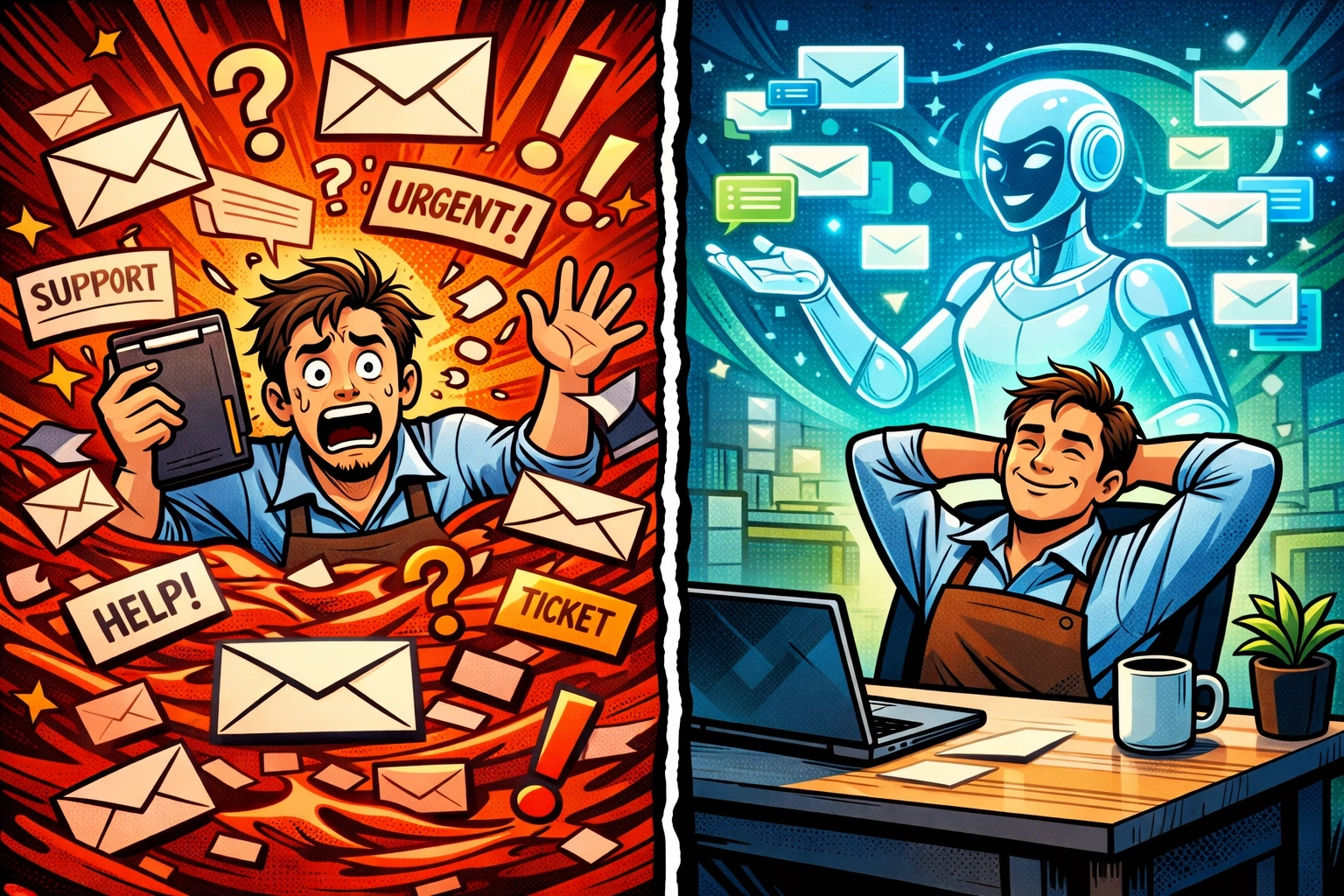 Business owner overwhelmed by support tickets vs relaxed with AI automating customer support