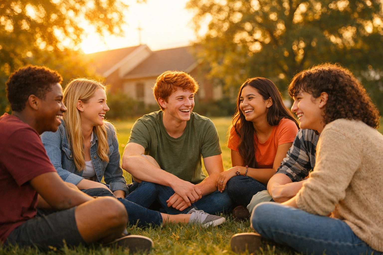 Diverse teenagers having real conversation outdoors without phones showing genuine connection