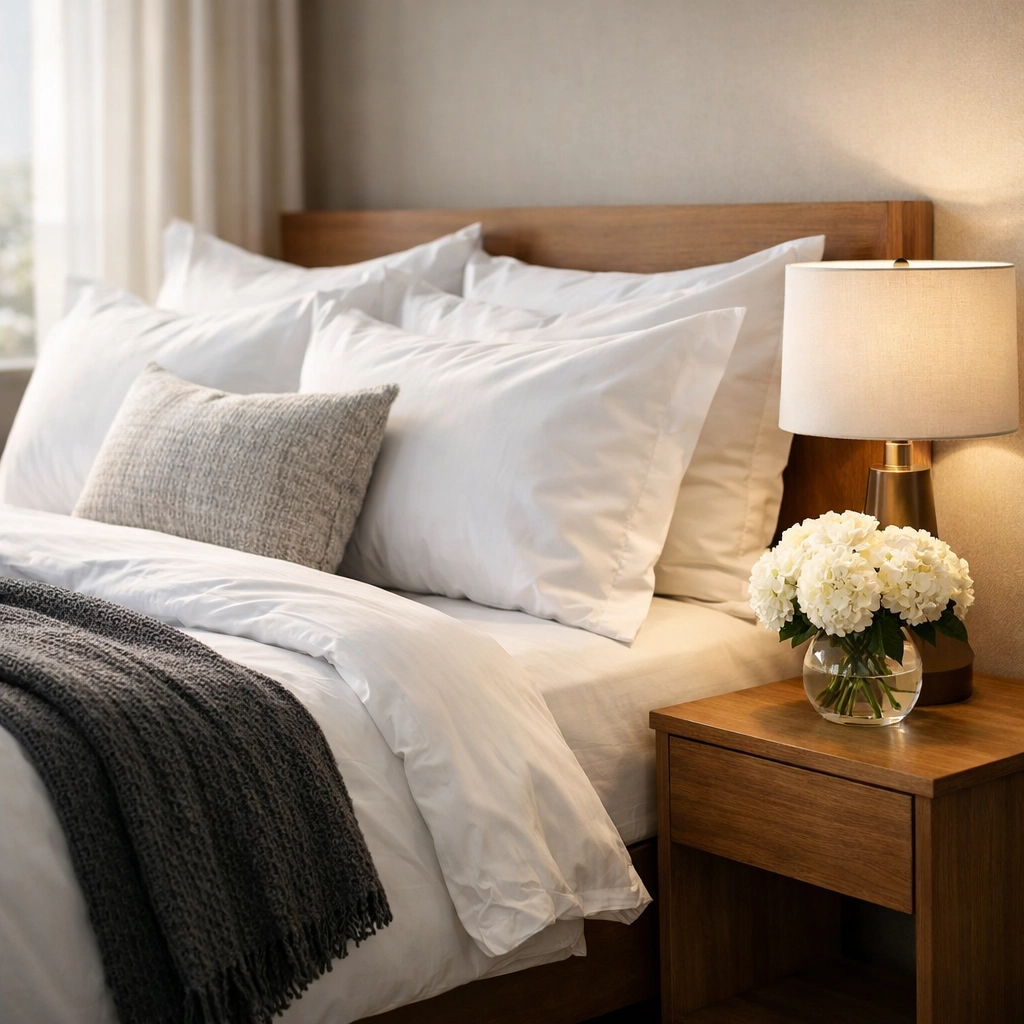 Elegantly staged master bedroom in a San Diego luxury rental for a high-end guest experience.
