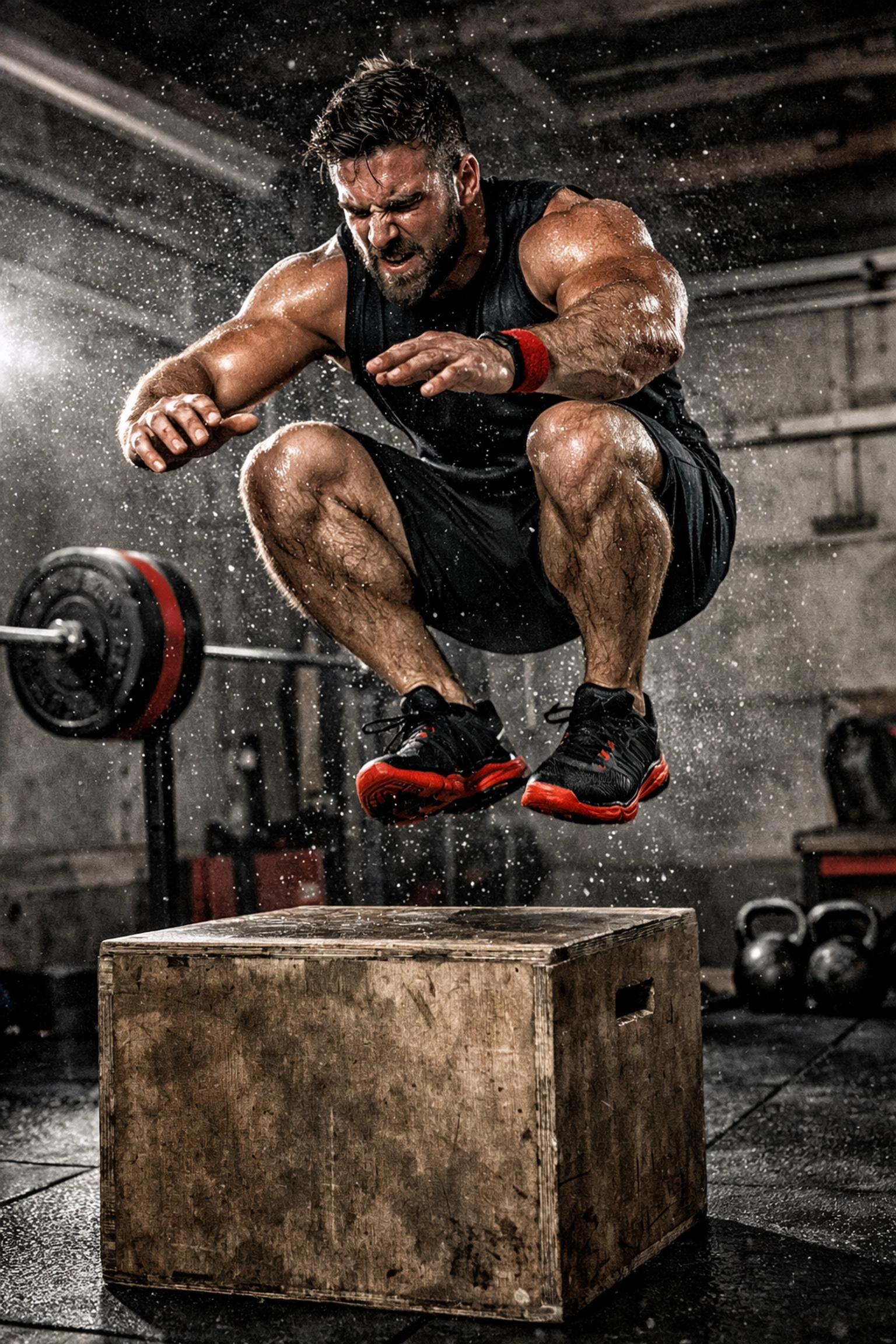 CrossFit athlete performing box jump workout in home garage gym with equipment