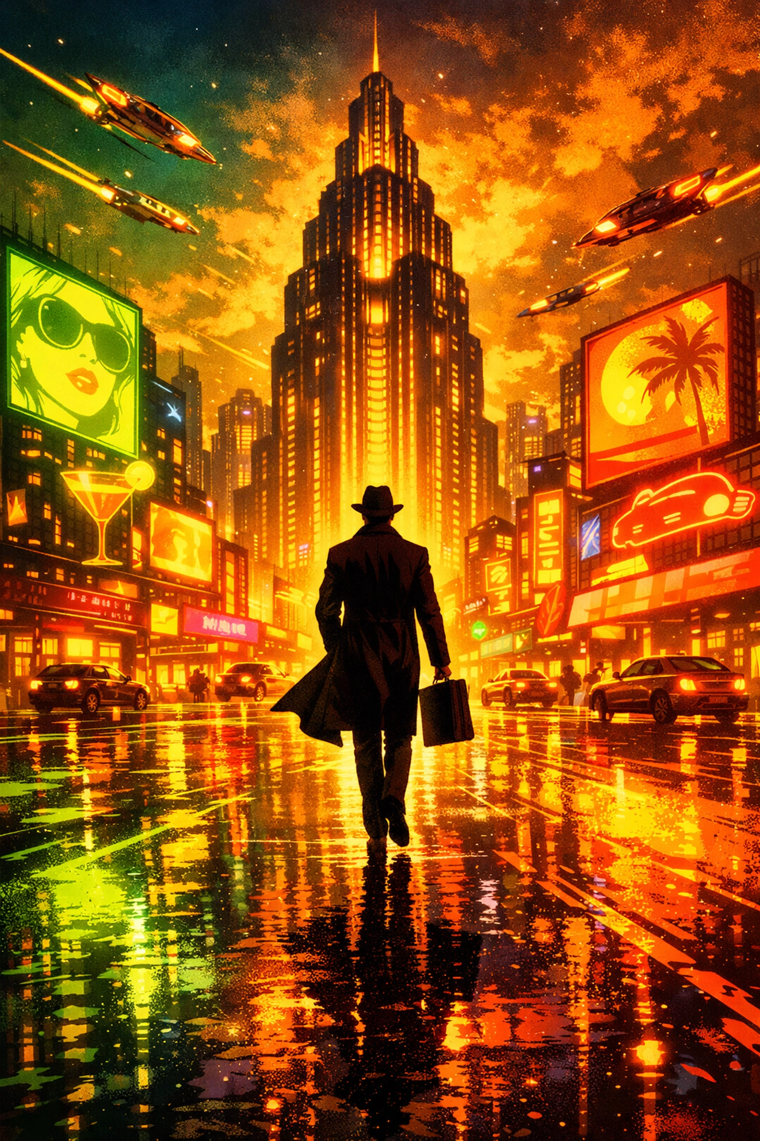 A person walking away from a neon office building, representing the professional cost of a workplace breakup.