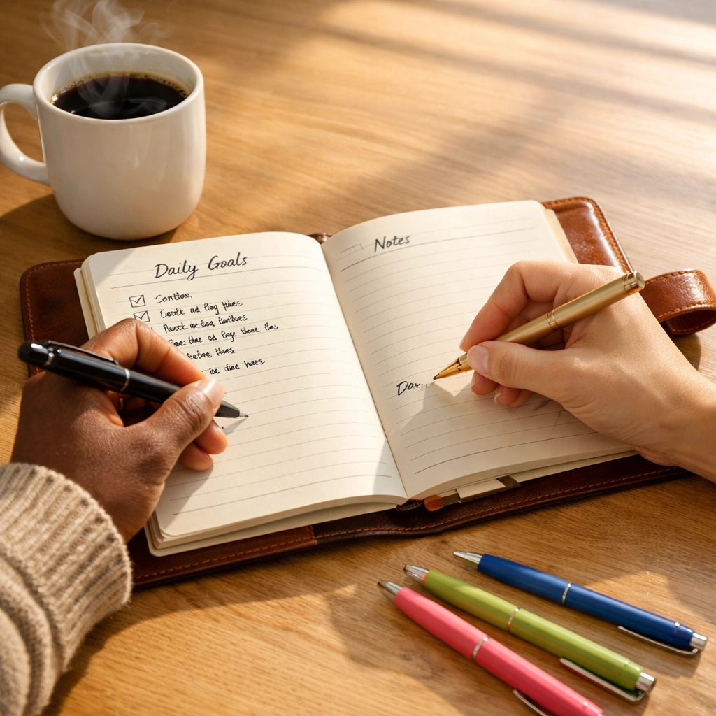 Hands writing daily priorities in journal with coffee for focused morning planning