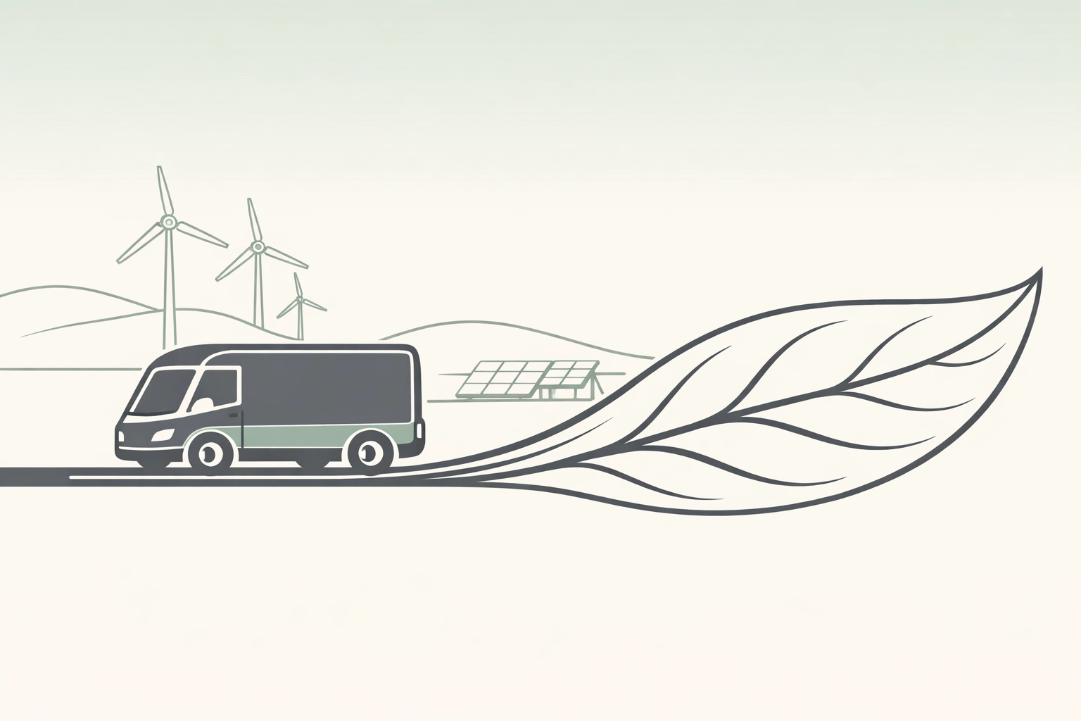 Illustration of an electric delivery vehicle and wind turbines representing corporate net zero and green energy policy.