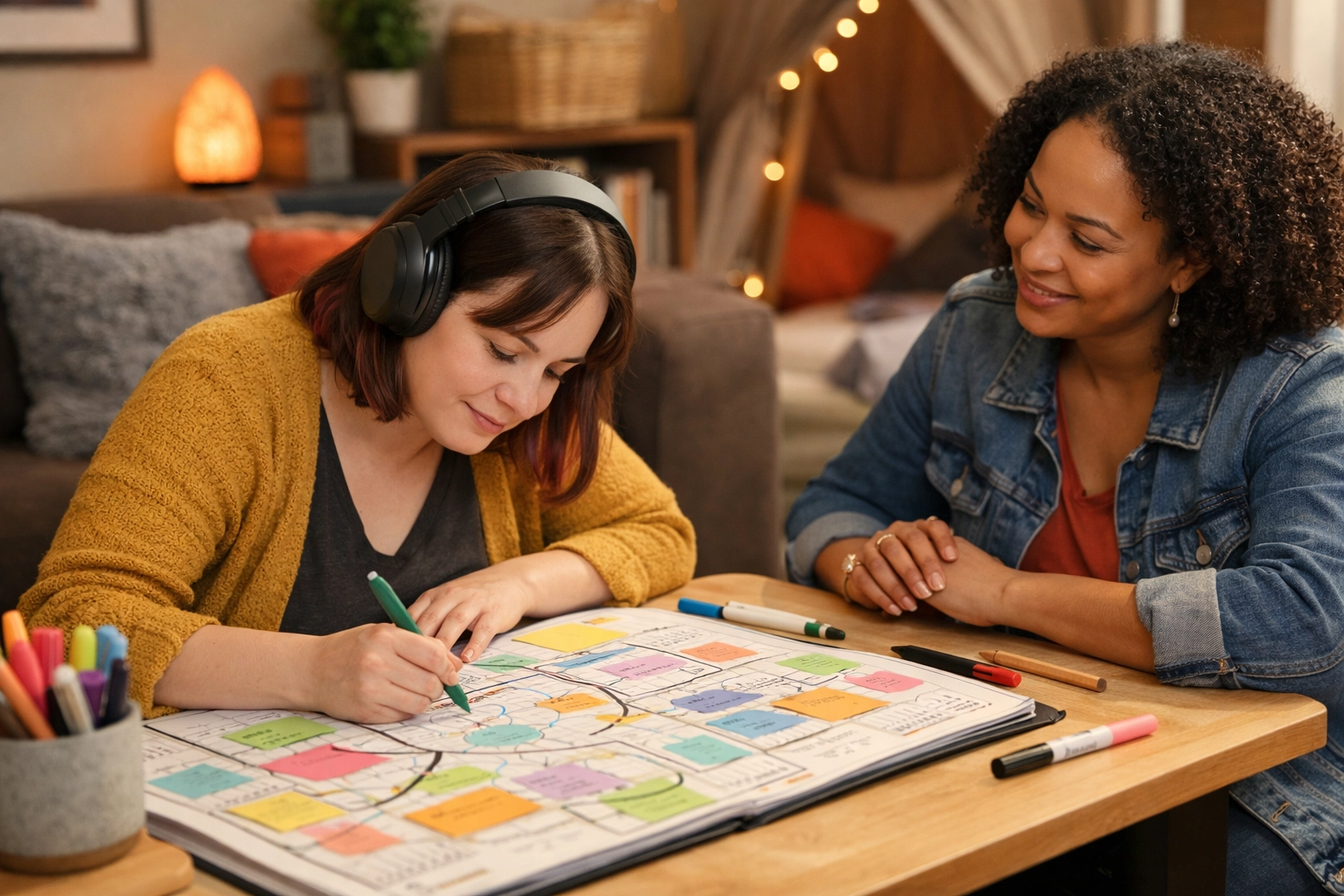 An autistic woman in a sensory-friendly workspace mapping goals with markers while a coach offers supportive presence, illustrating empowerment through autism coaching.
