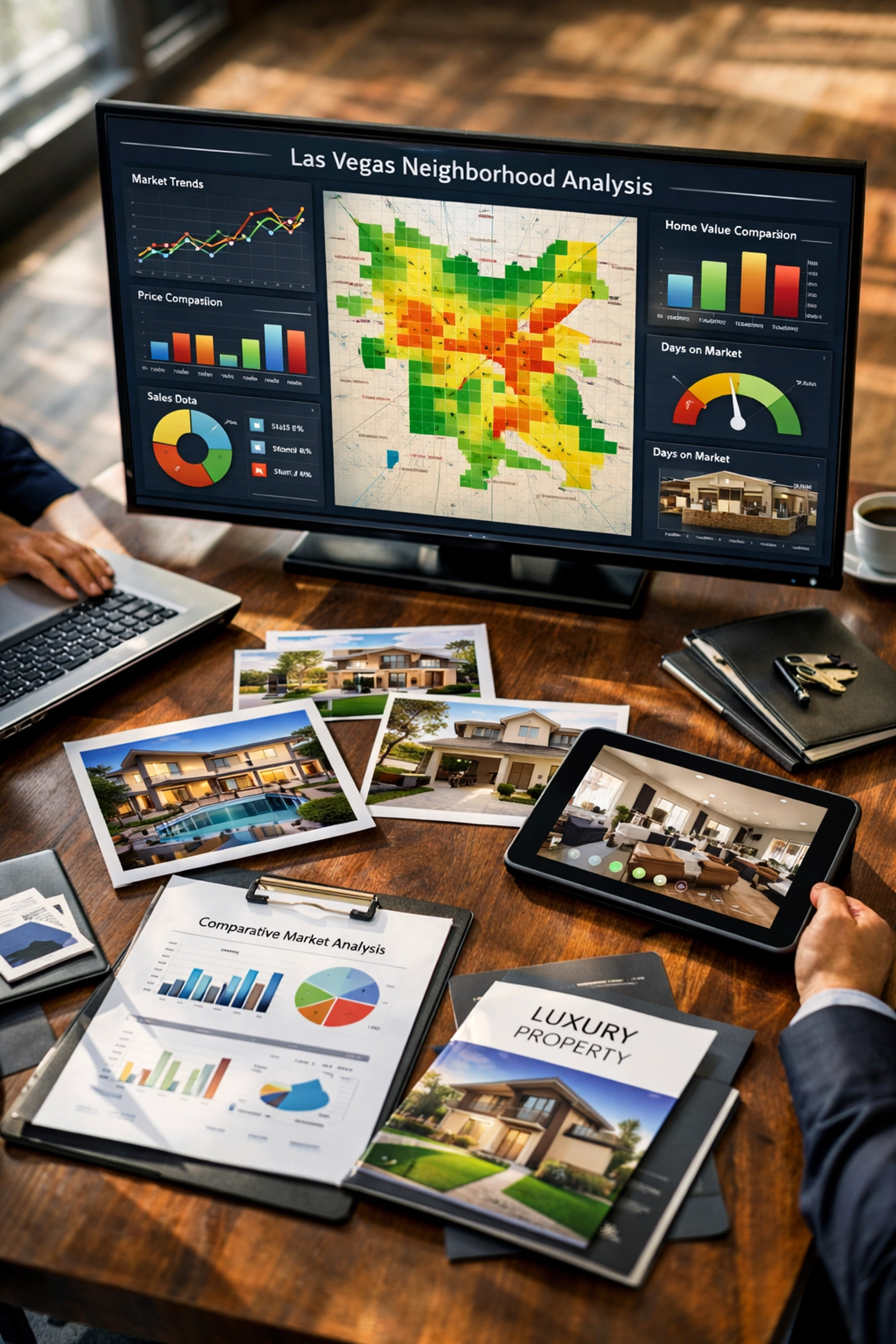 Real estate strategy session showing data analytics dashboards and Las Vegas market analysis for home selling