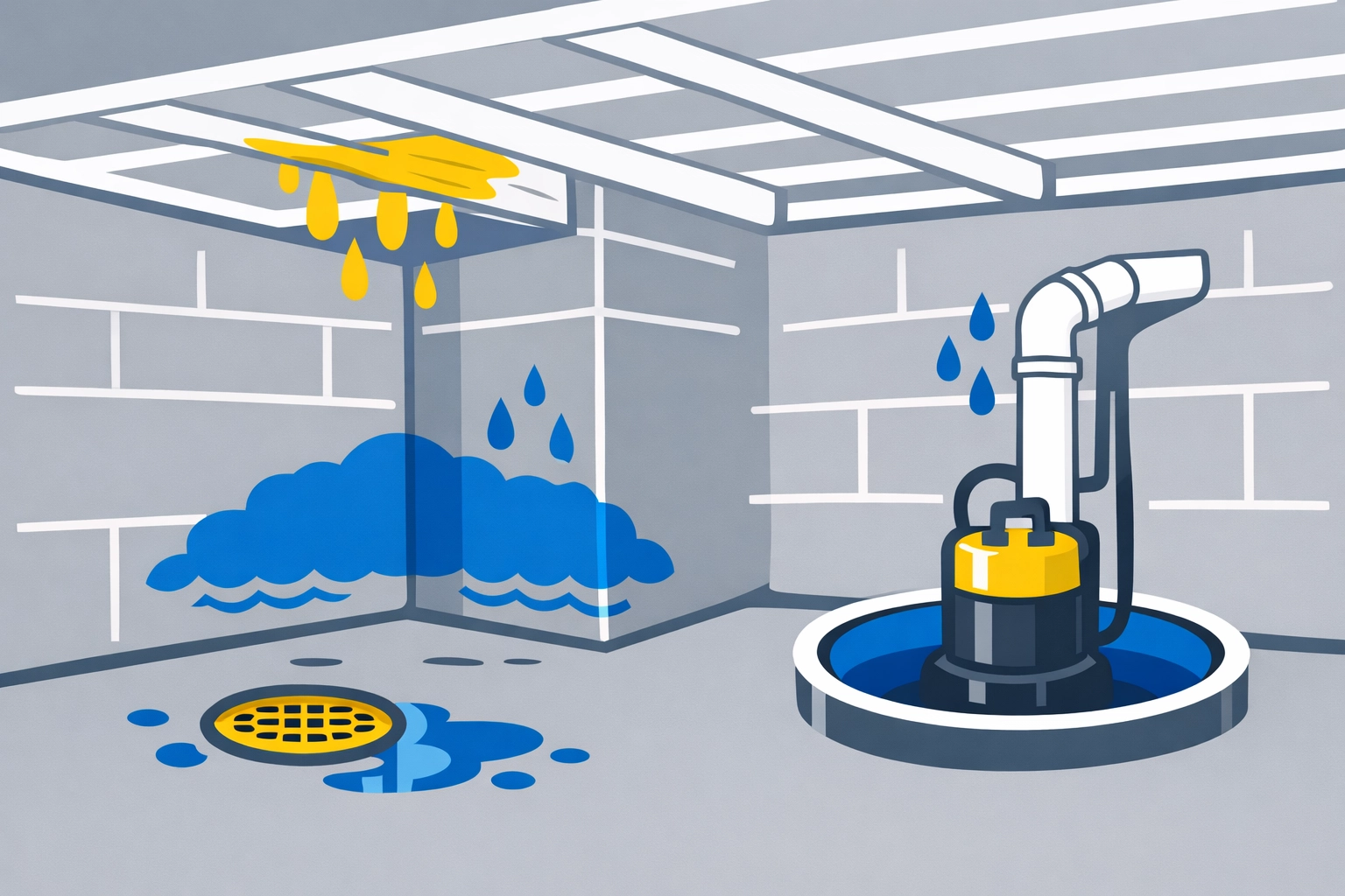 Basement water damage inspection points including ceiling joists, walls, and sump pump