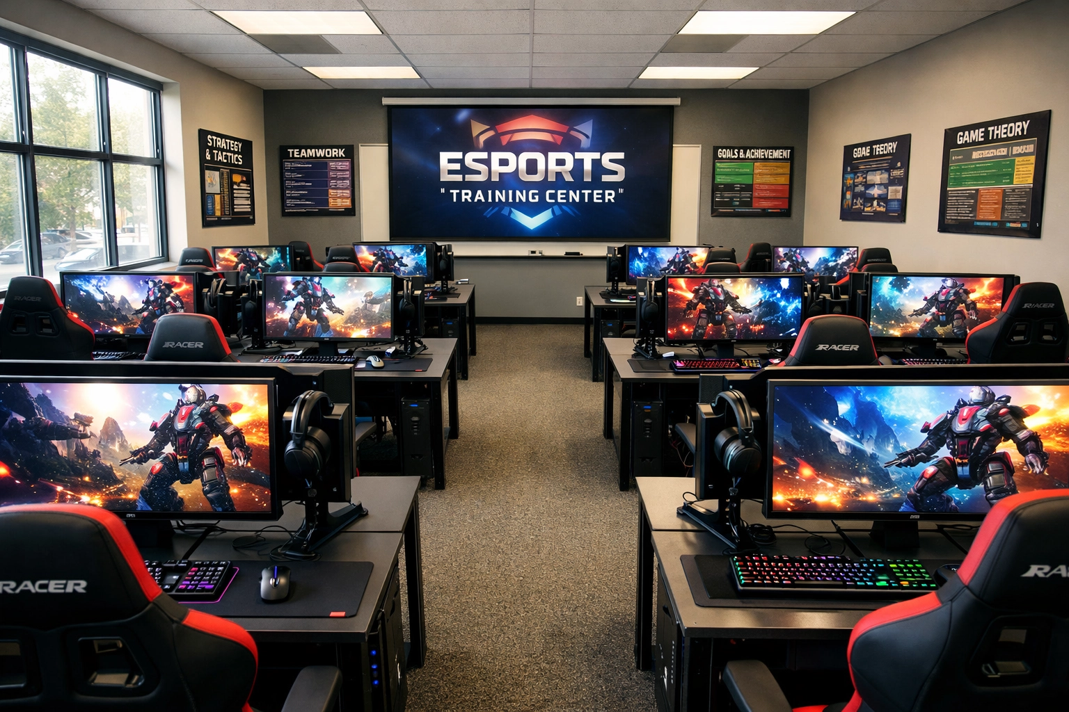 High school esports training facility with professional gaming stations and educational environment