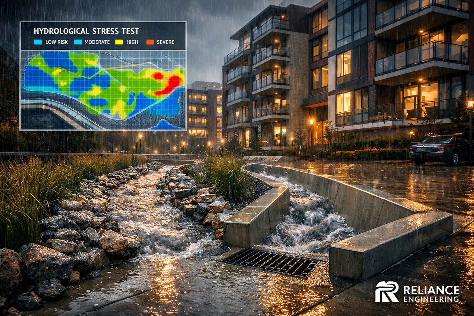 Modern Ontario residential development featuring resilient stormwater bioswales and drainage infrastructure.