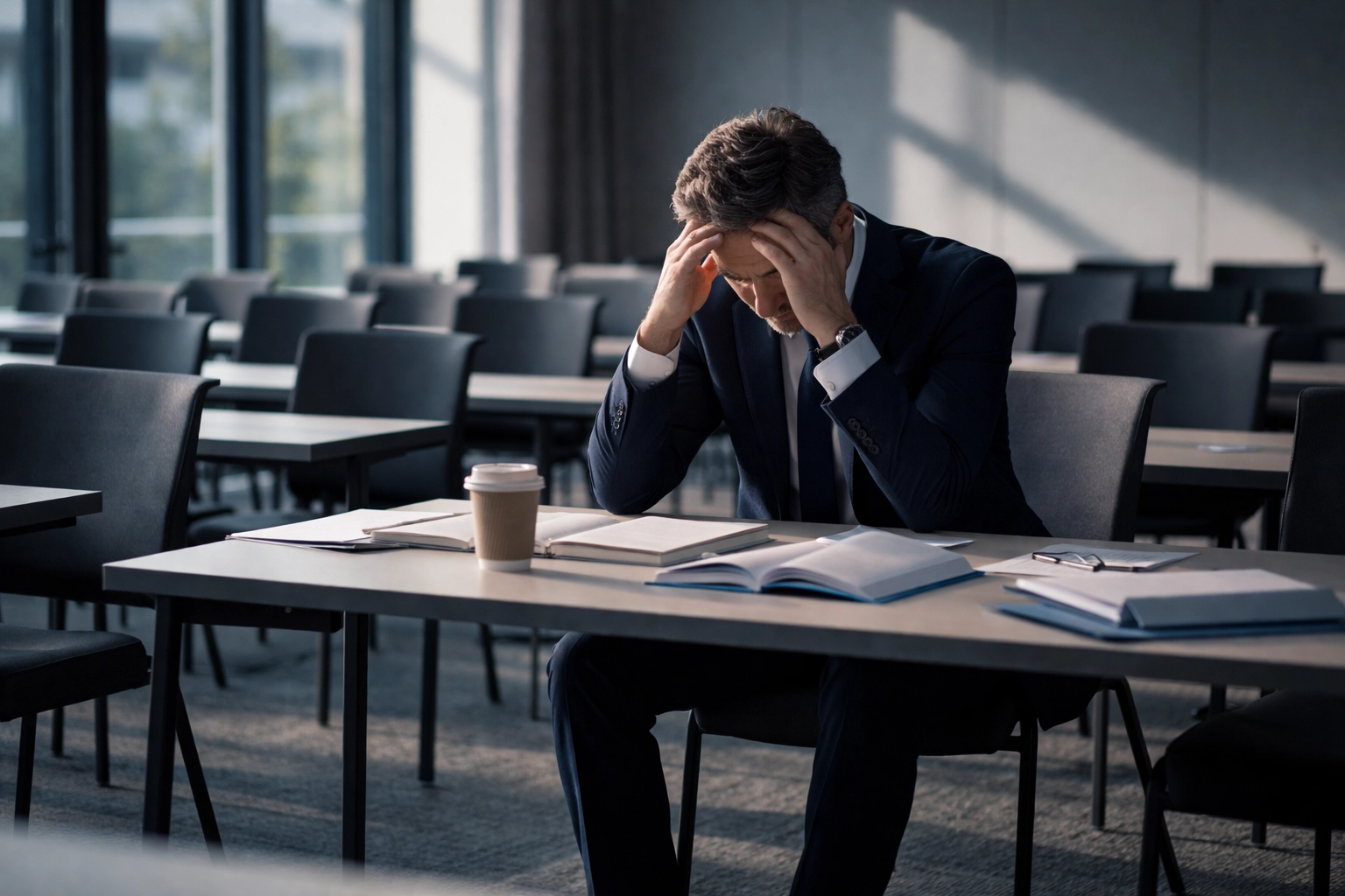 Frustrated business leader alone in an empty training room, symbolising ineffective leadership development.