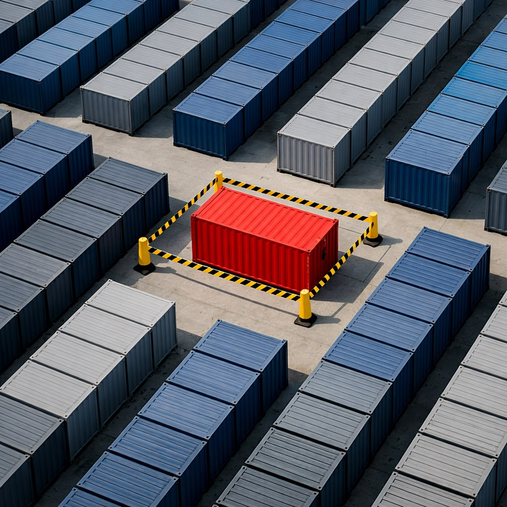 Isolated shipping container cordoned off at port showing sea cargo delay due to customs hold