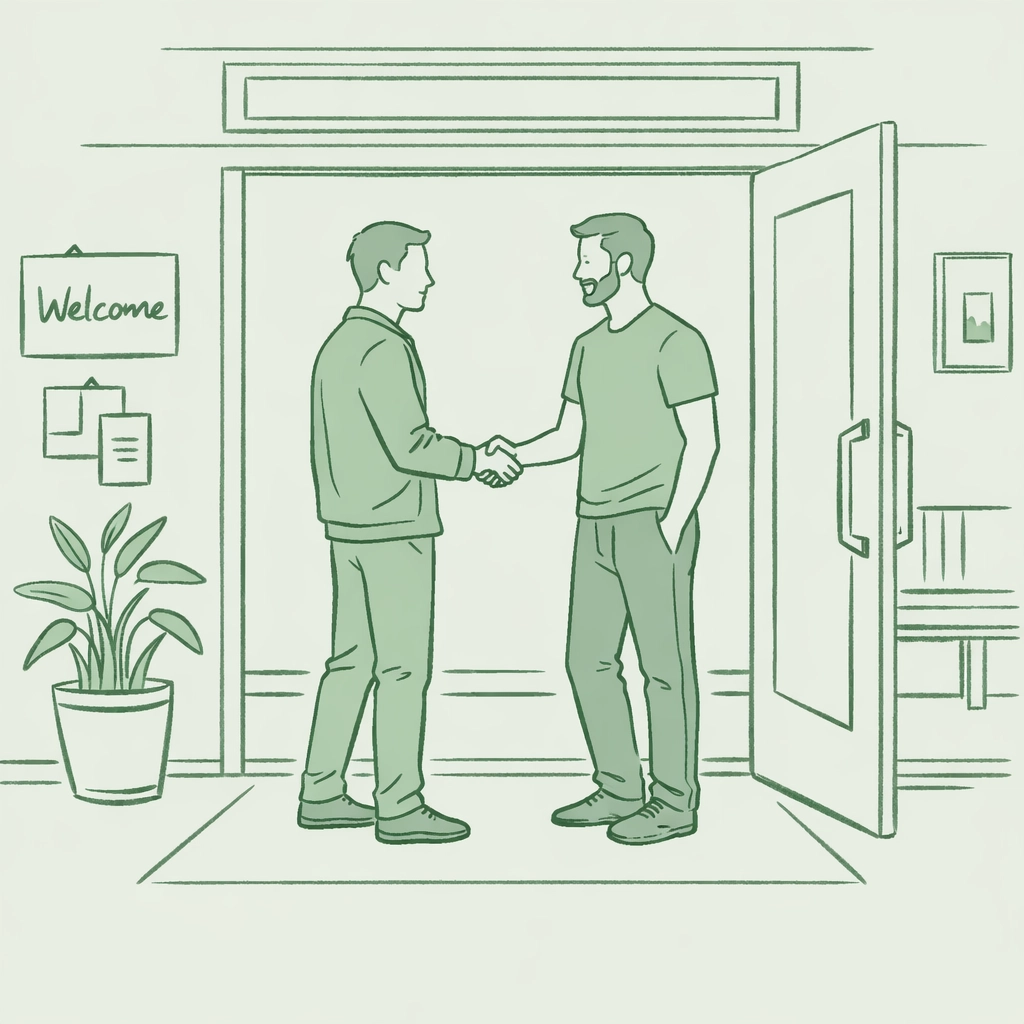 Gay men meeting at welcoming LGBTQ+ community center entrance, physical safe space alternative