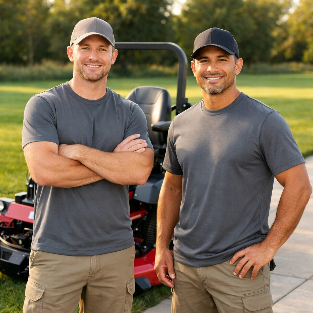Lawn care professionals in matching custom t shirts standing next to a professional mower.