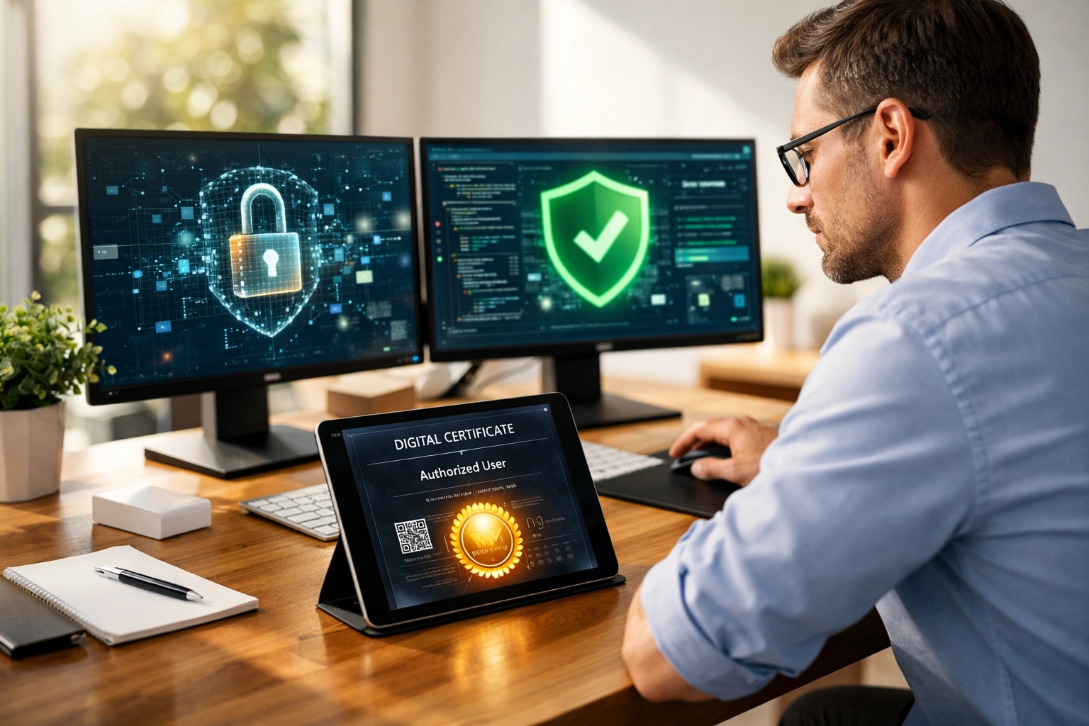 A professional specialist viewing a data security dashboard and a healthtech compliance digital certification.