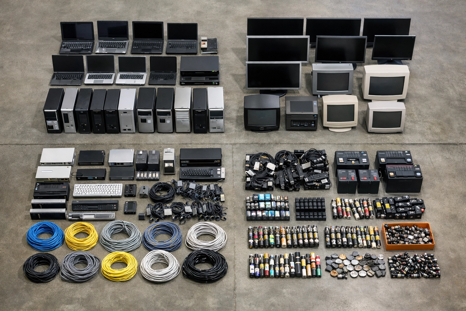Organized e-waste categories showing proper IT equipment recycling segregation