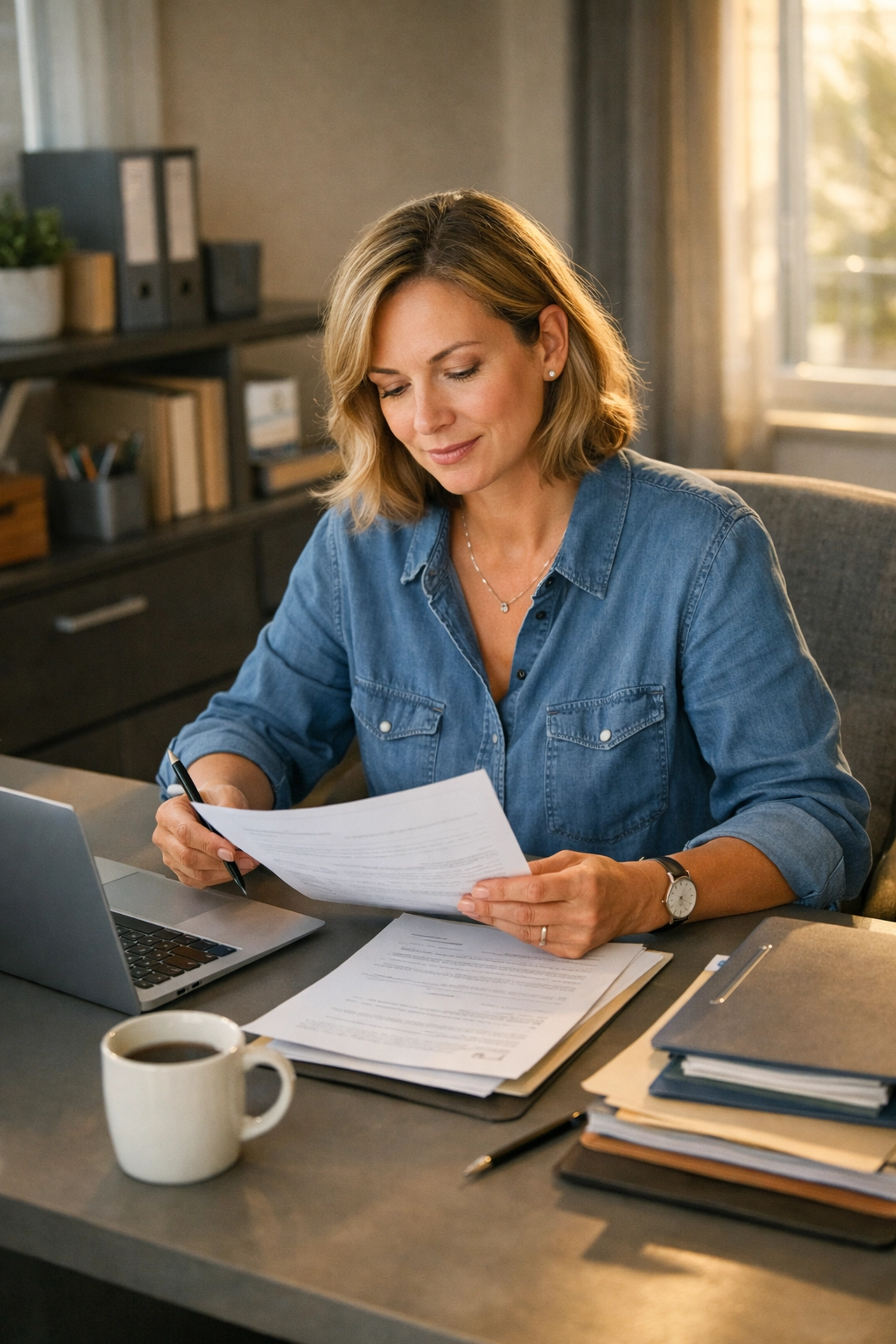Small business owner reviewing payroll paperwork at organized desk