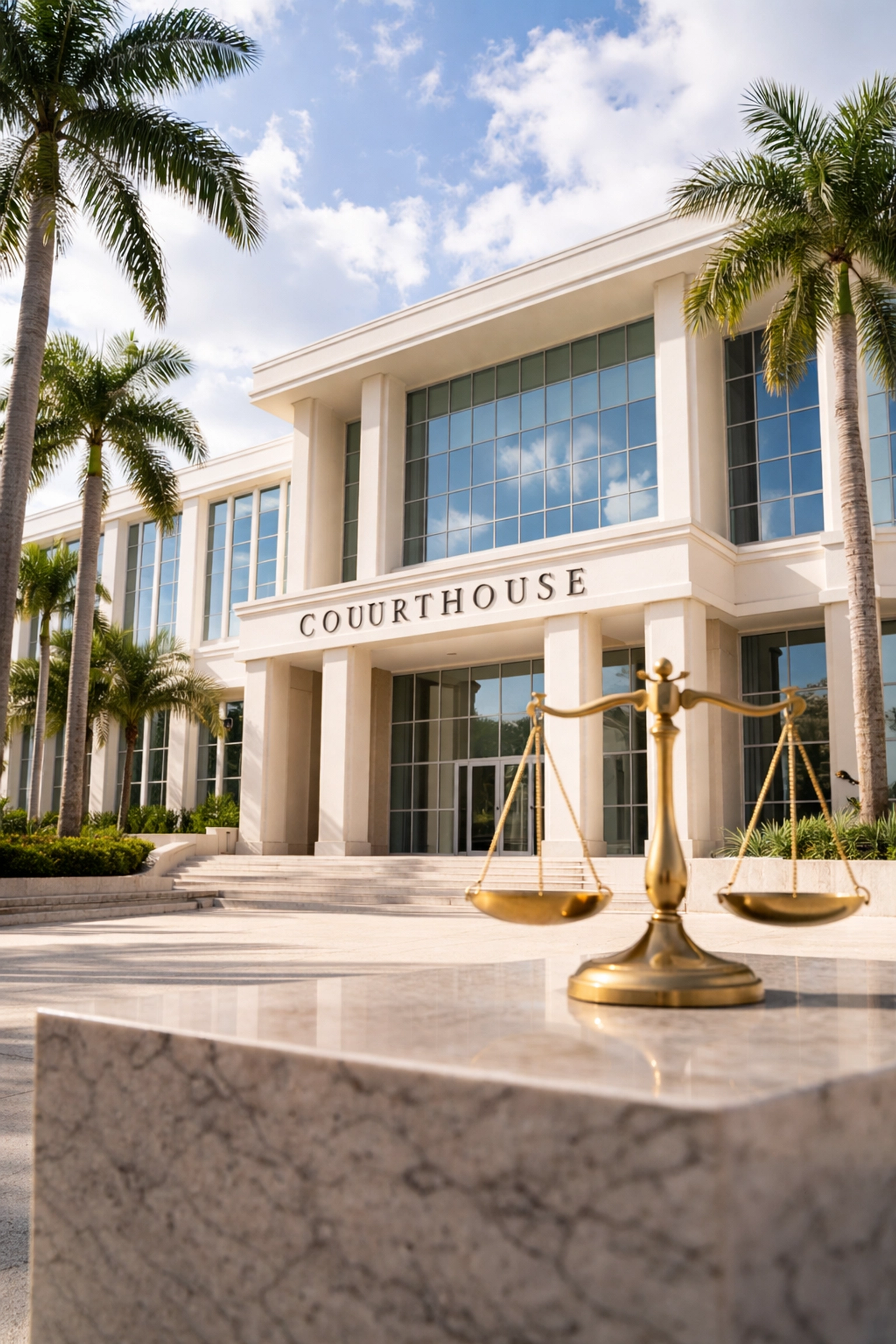 Florida courthouse with a scale of justice symbolizing equitable distribution laws in divorce