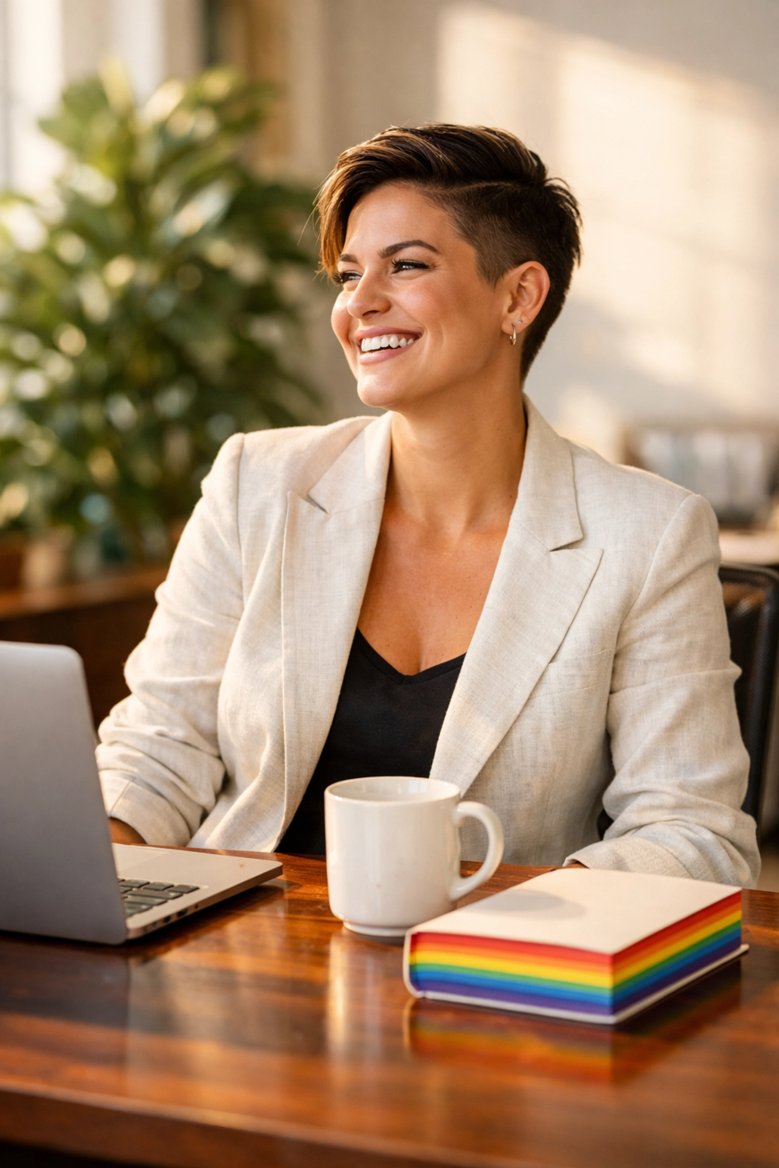 Confident queer woman smiling in a bright office, illustrating the mental freedom of being out at work in 2026.