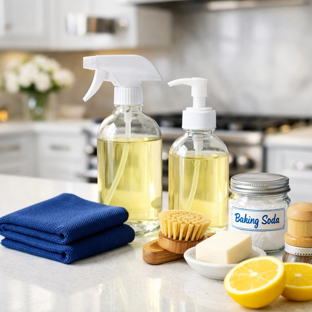 Eco-friendly cleaning supplies on a kitchen island, representing non-toxic house cleaning in Pocasset.