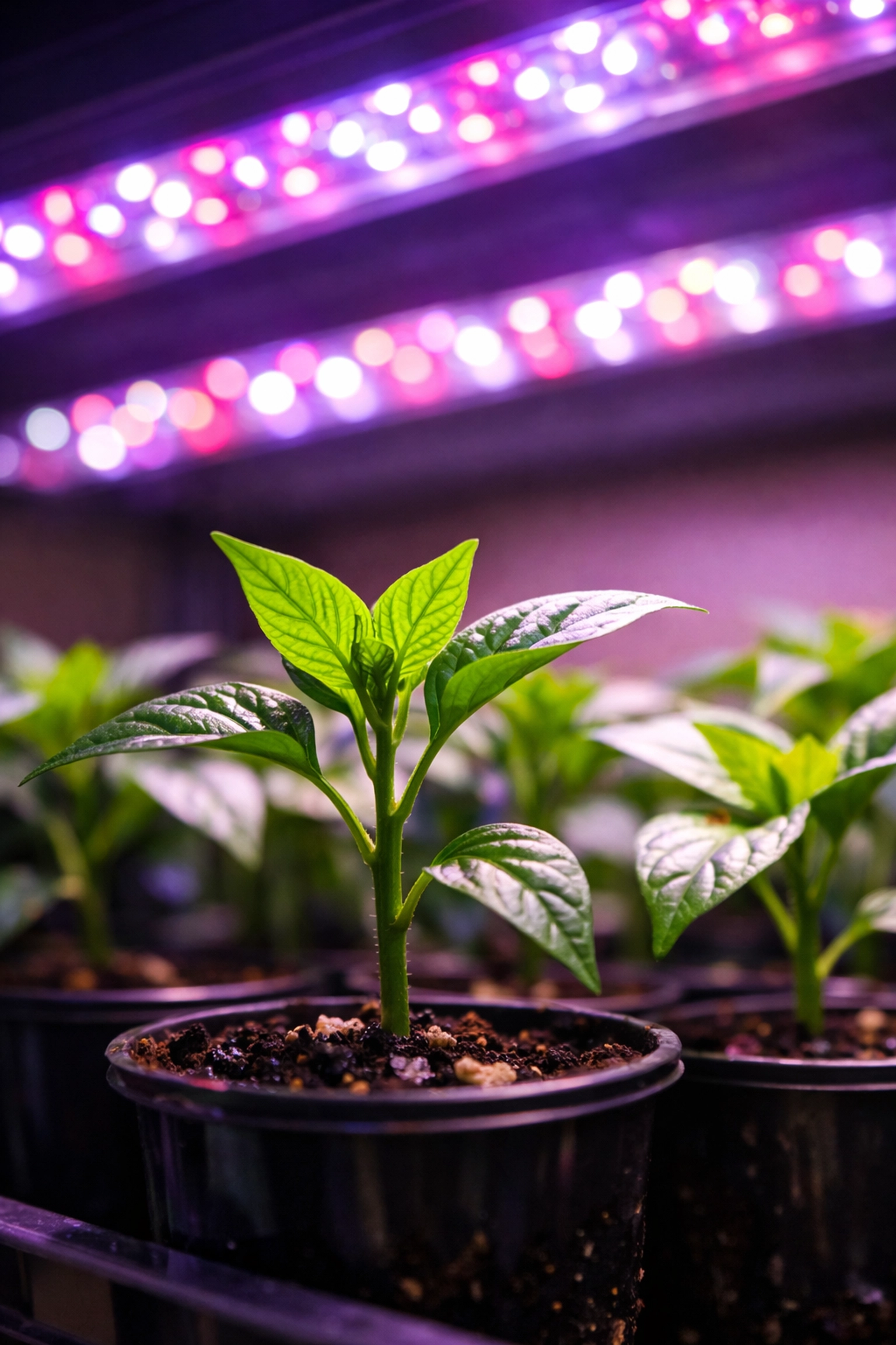 Ghost pepper seedlings growing under LED grow lights indoors