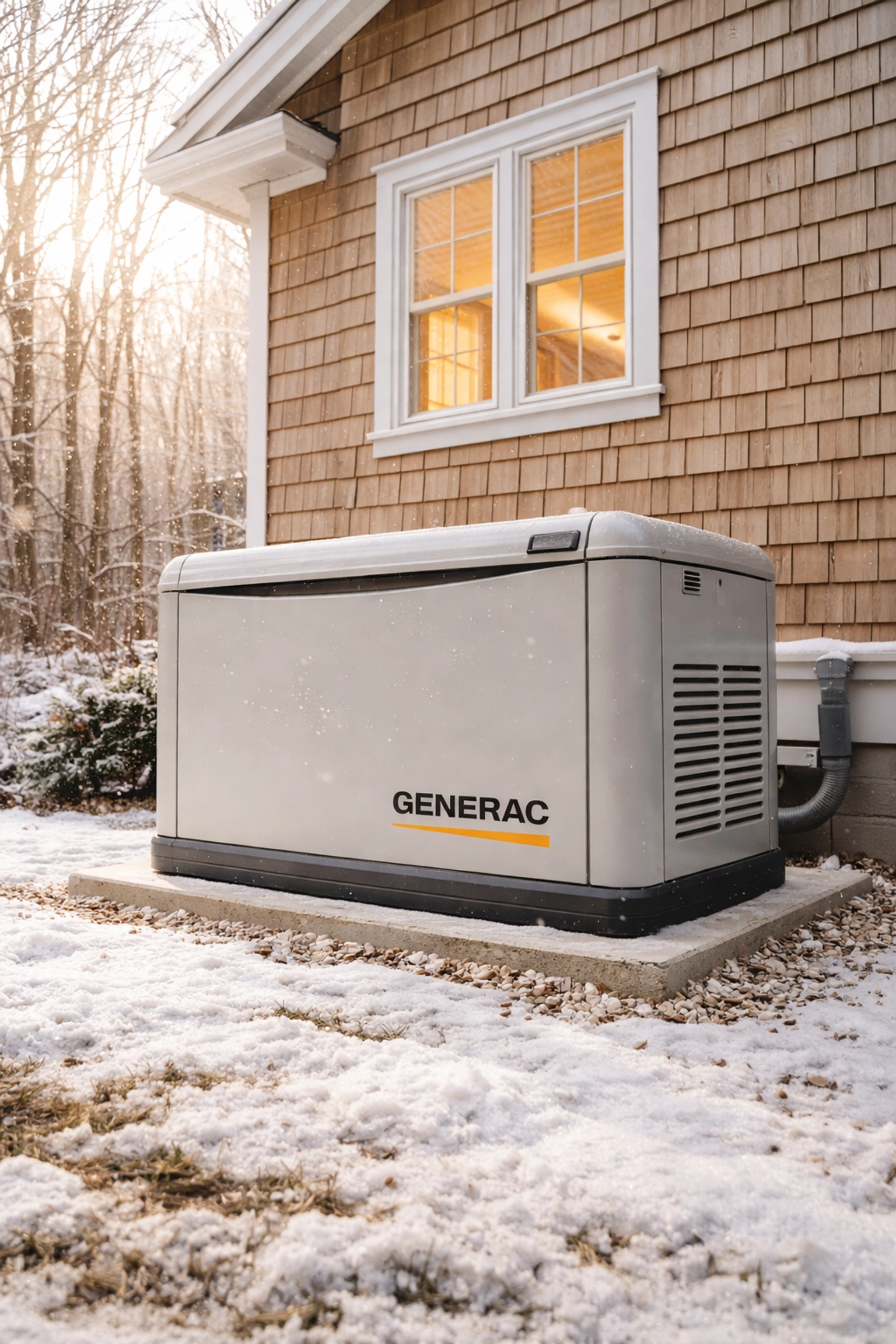 Standby generator beside modern Maine house with winter scenery, providing reliable backup power during storms