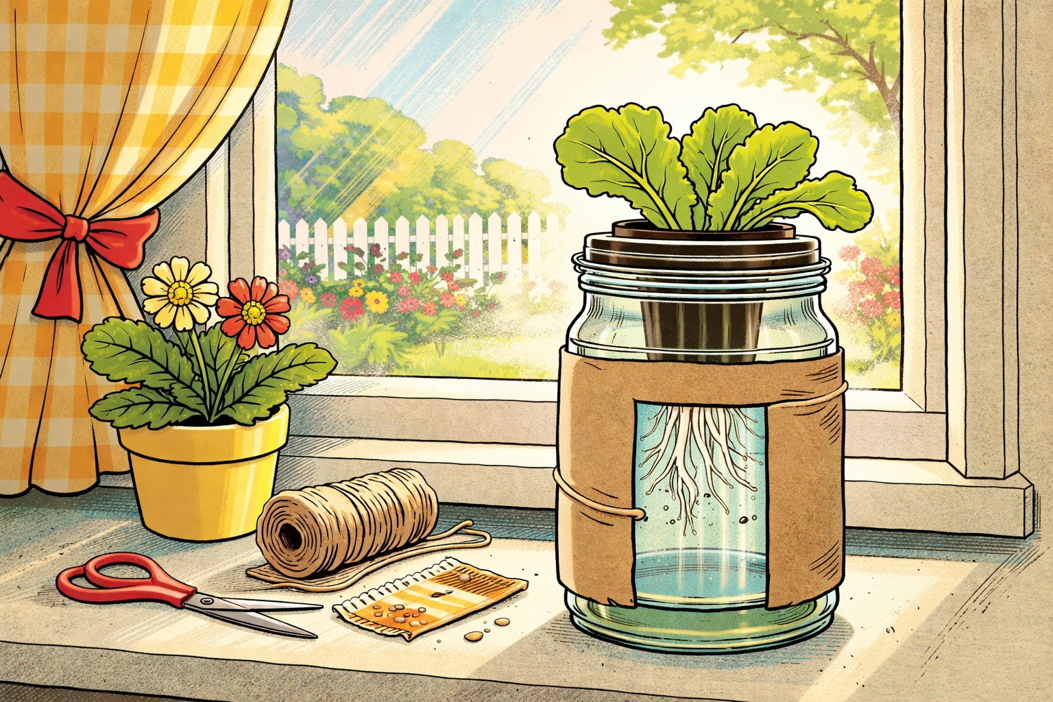 Lettuce seedling grows in a mason jar hydroponic system on a sunny windowsill, showing roots and healthy leaves