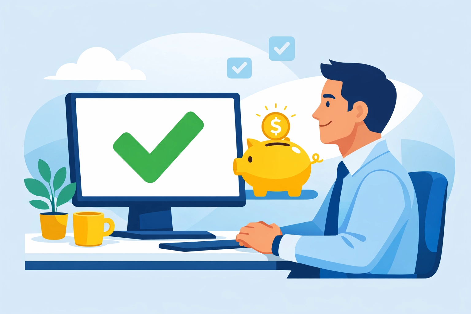 Relieved professional with a checkmark and piggy bank icon to maximize tax refund via direct deposit.