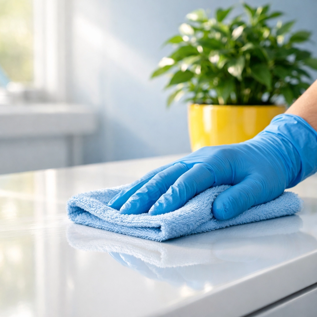 Eco-friendly medical office sanitization showing a professional wiping a clinical countertop.
