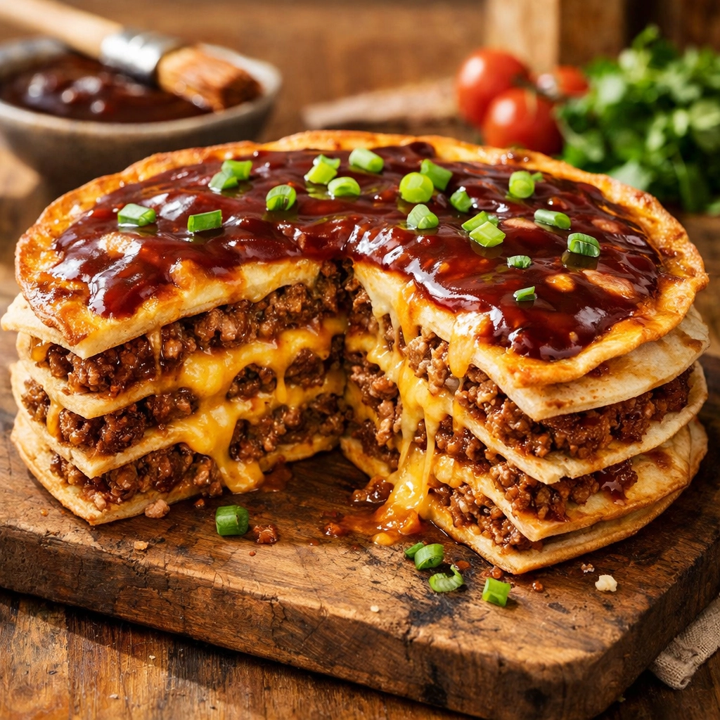 Sliced 5-ingredient BBQ beef tortilla pie with melted cheddar cheese on a rustic board.
