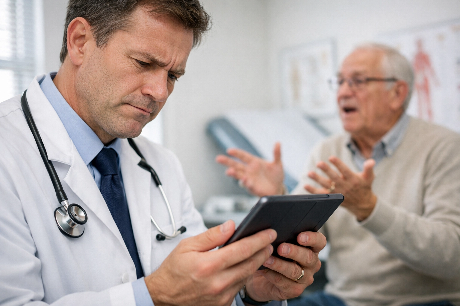 Doctor reviewing AI-generated notes on a tablet to prevent clinical documentation errors and hallucinations.