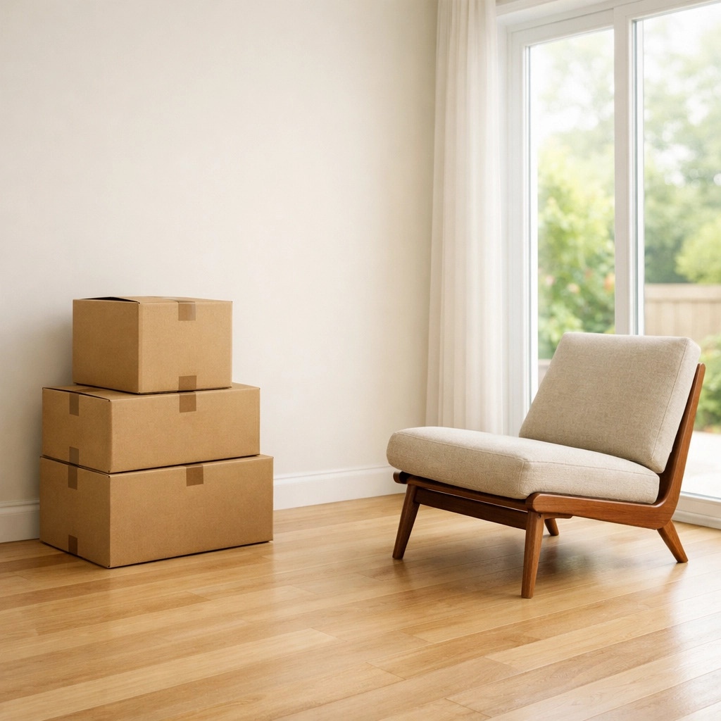 Bright living room with moving boxes representing a stress-free transition to a new home.