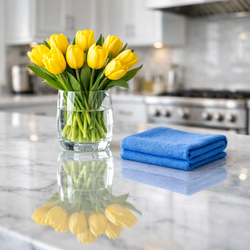 Eco-friendly professional cleaning service results on a polished marble kitchen island with fresh flowers.