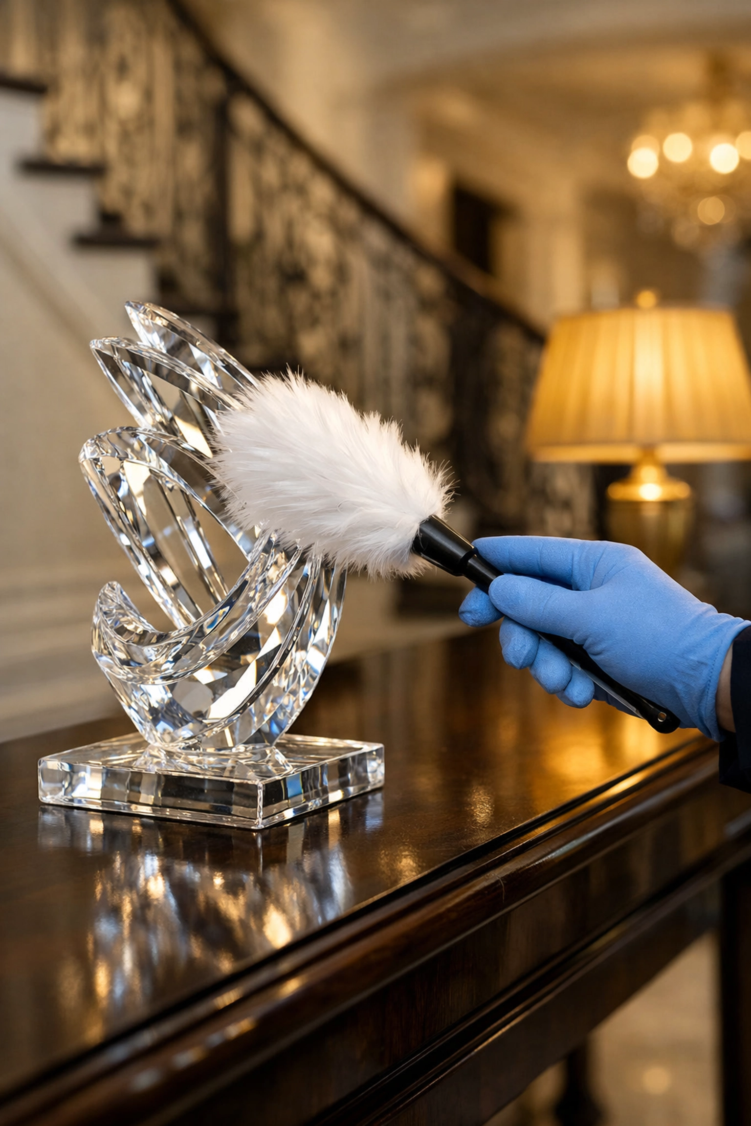 Professional dusting of high-end decor during a luxury cleaning in Sudbury to protect valuable home assets.
