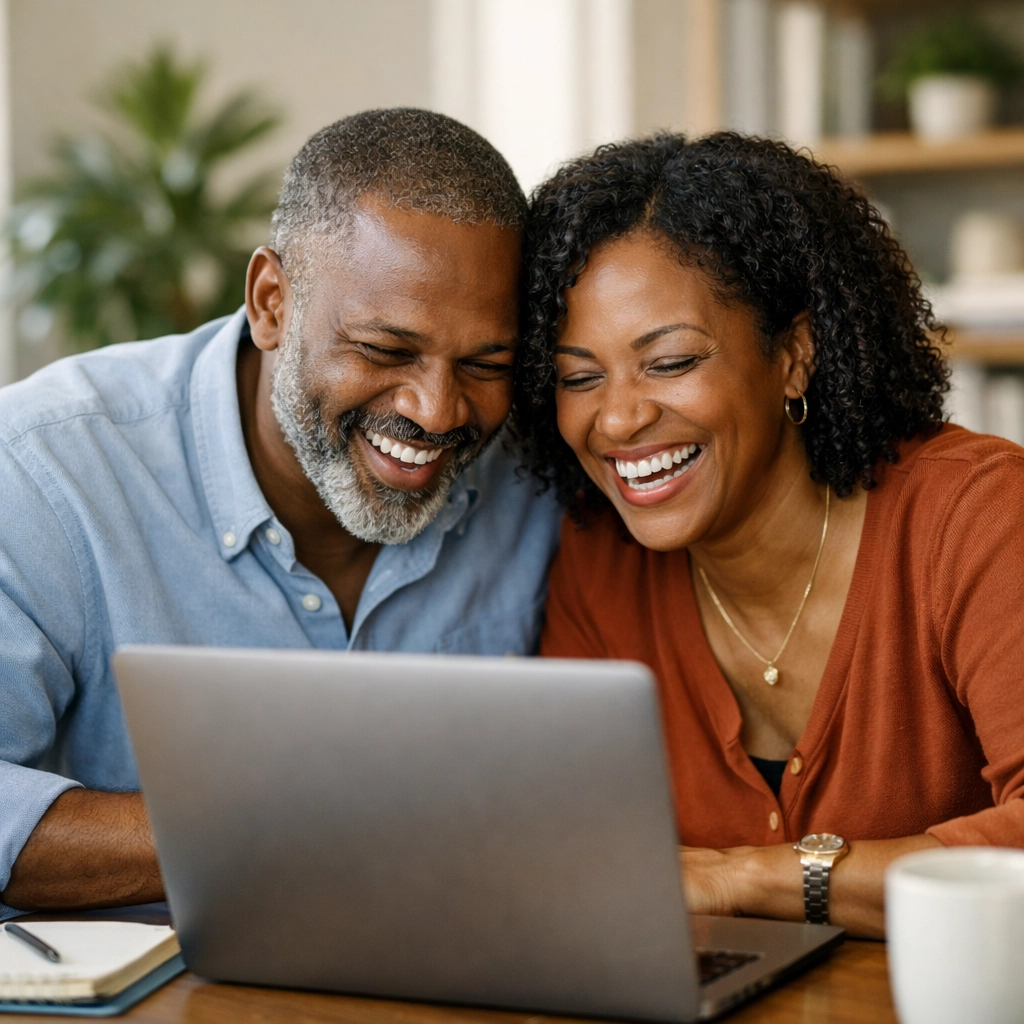 A couple running a business together sharing a laugh in their bright home office.