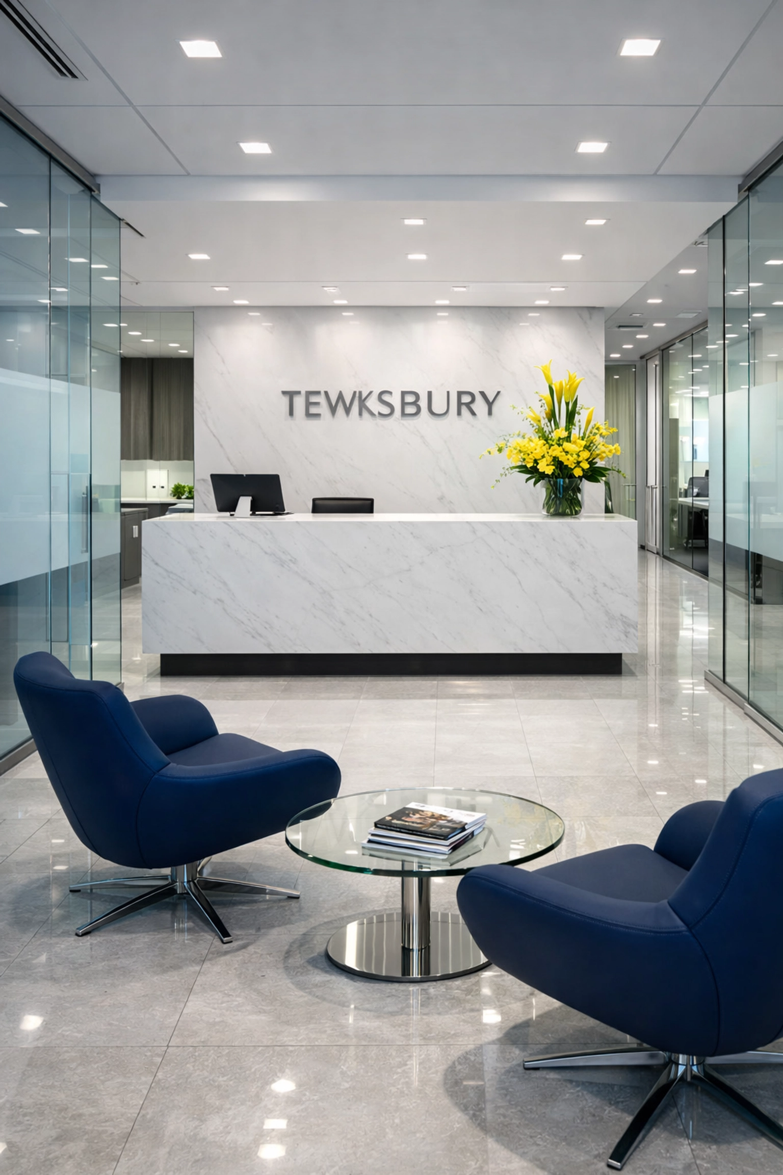 Clean and organized corporate lobby maintained by professional house cleaning services in Tewksbury.