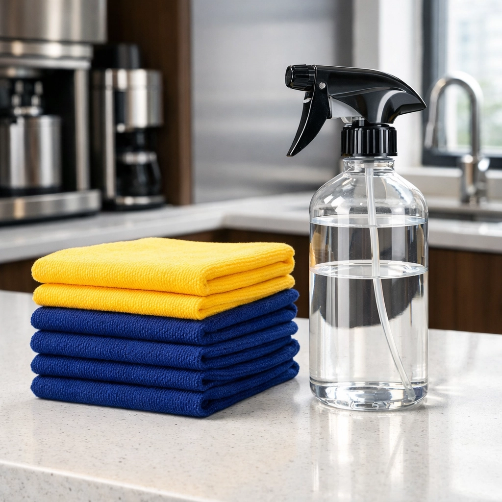 Color-coded microfiber cloths and supplies used for professional office cleaning Worcester services.