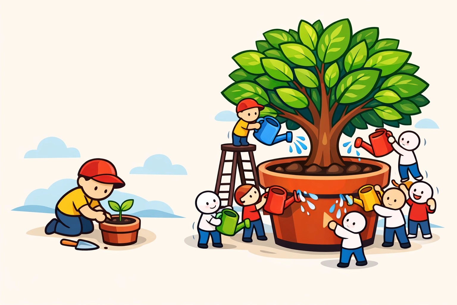 Friendly cartoon characters watering a tree together, showing spiritual growth at Green River Alliance Church.