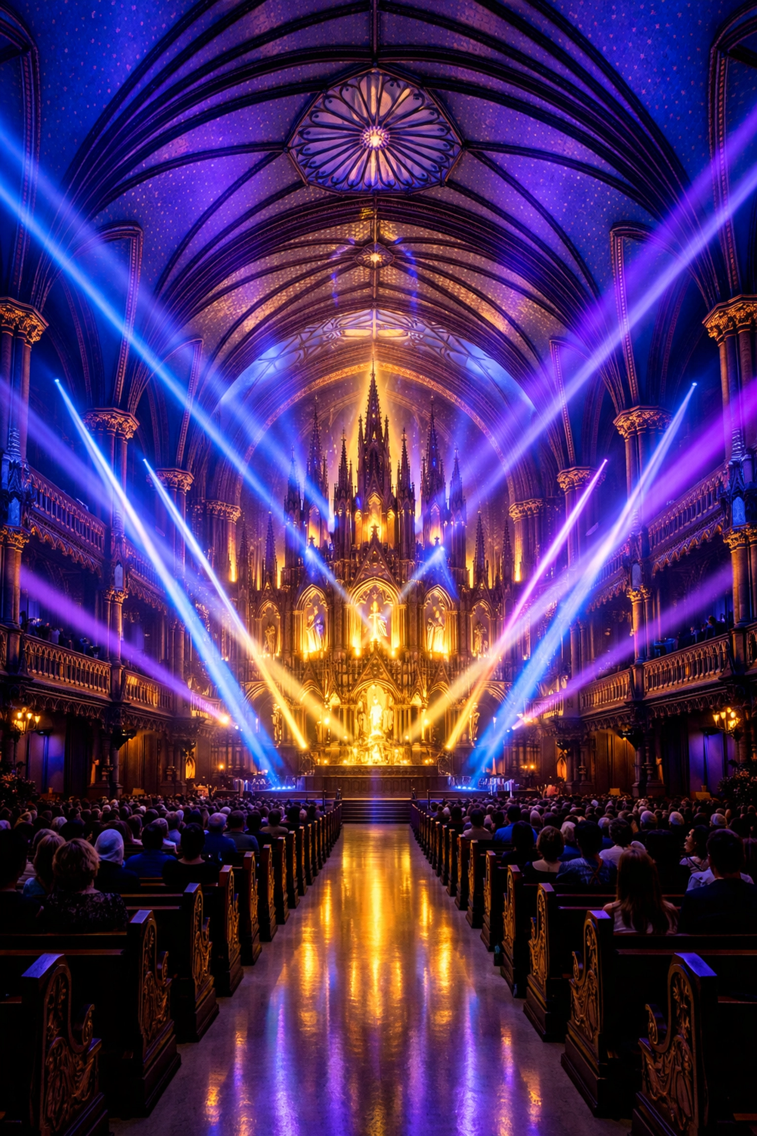 The colorful Aura light show illuminating the neo-Gothic interior of Notre-Dame Basilica.